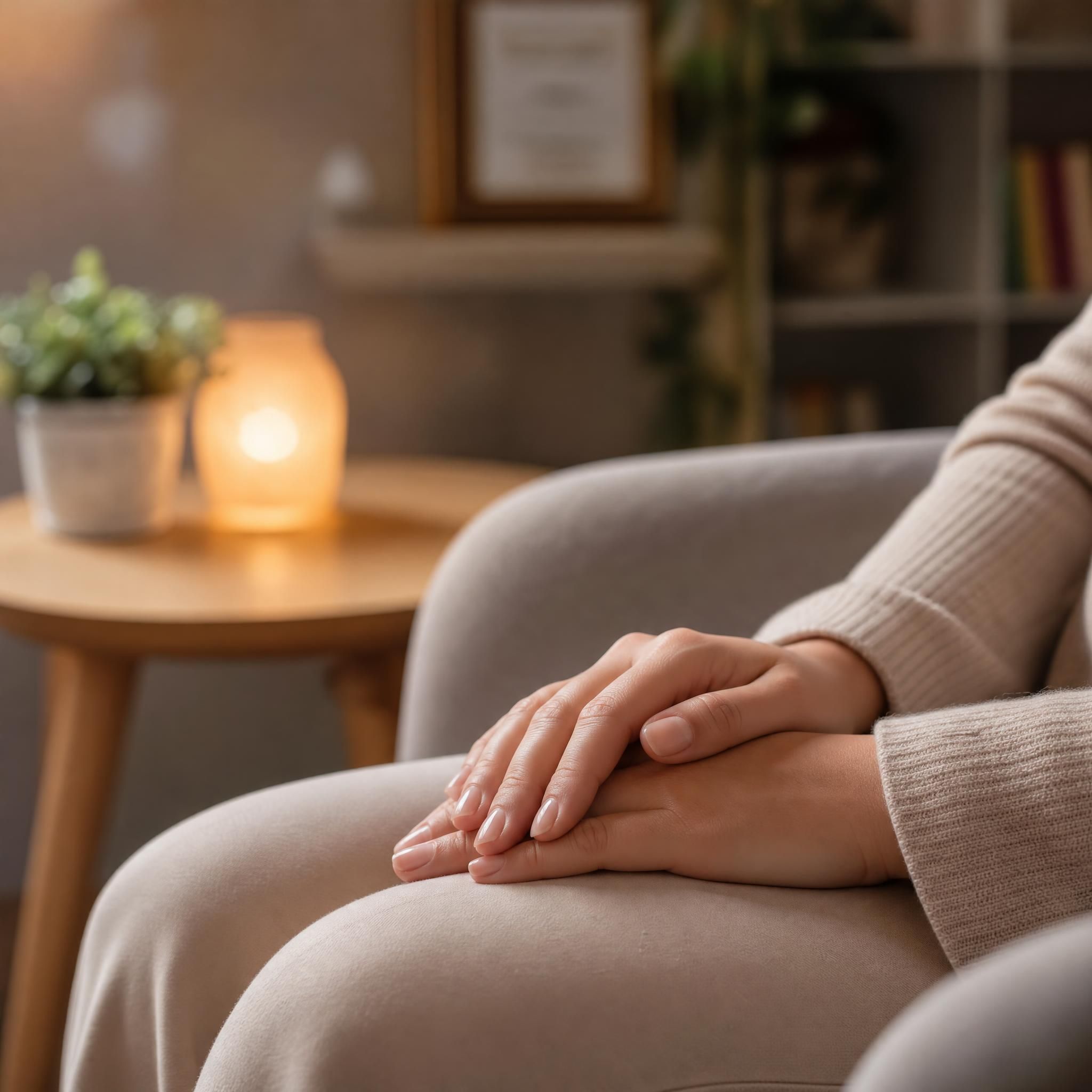 Gros plan sur des mains posées doucement sur les genoux, dans un fauteuil confortable, cabinet d'hypnothérapie chaleureux, ambiance de détente profonde et de sécurité intérieure