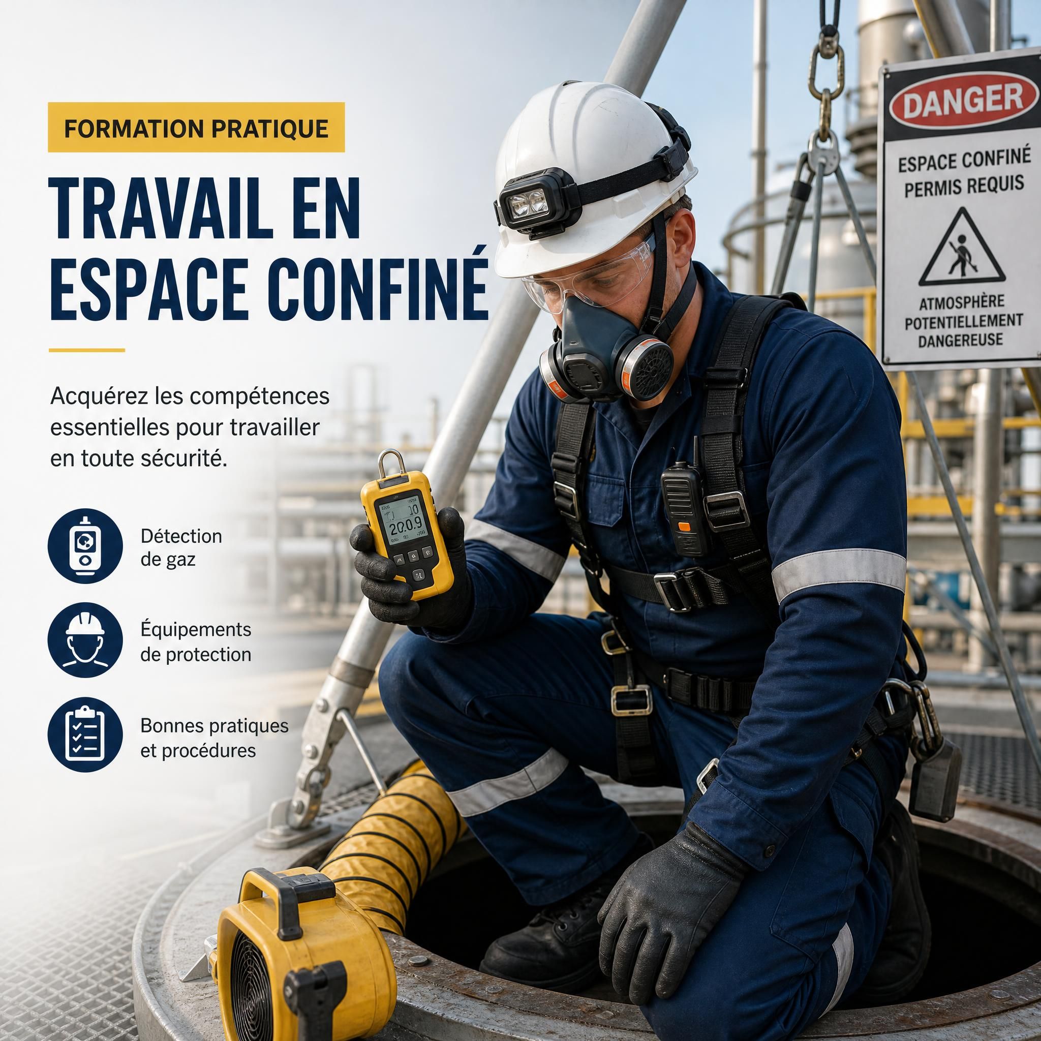 Formation pratique travail en espace confiné — opérateur avec détecteur de gaz et équipements de protection en milieu industriel