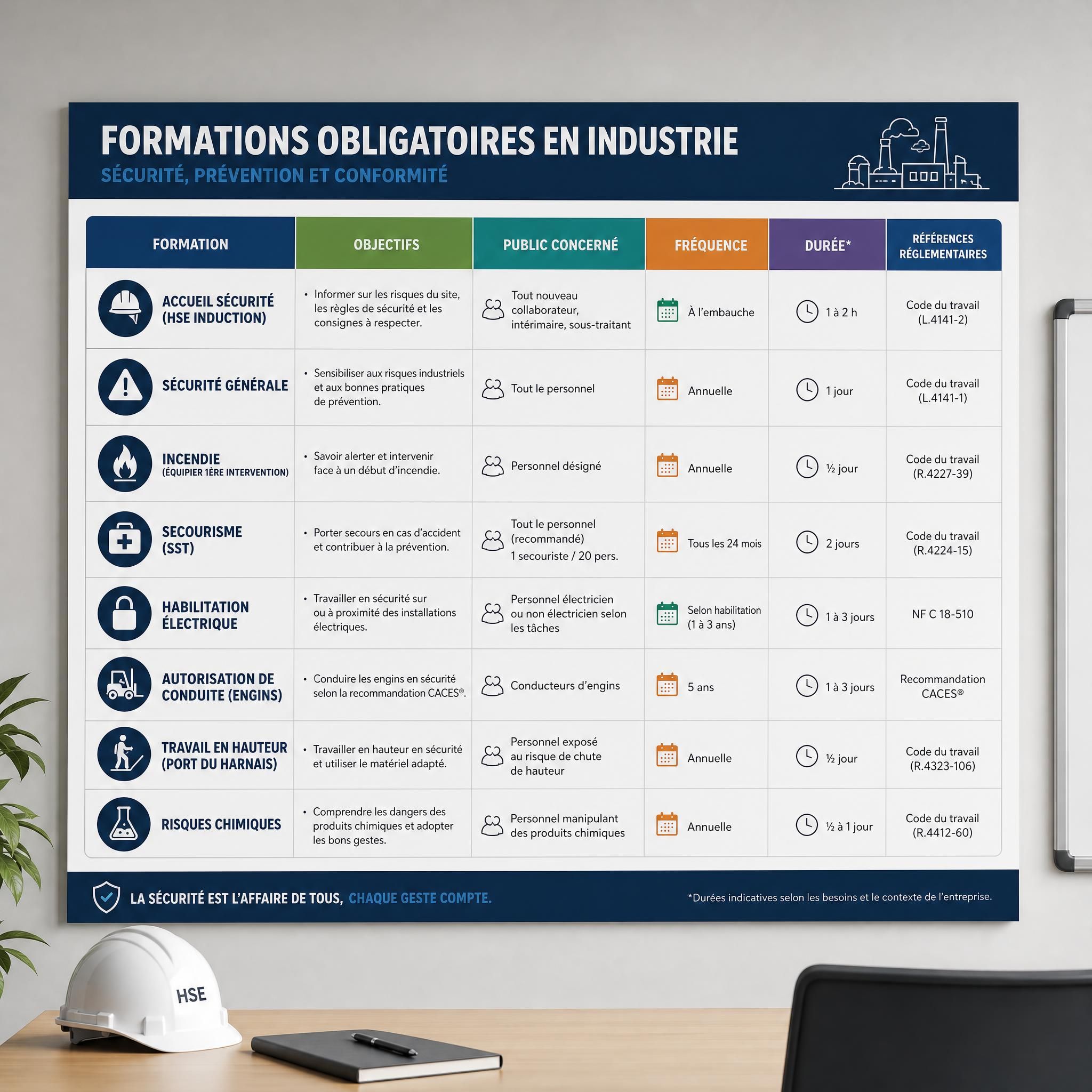 Tableau récapitulatif des formations obligatoires en industrie — affichage mural dans une salle de formation HSE industrielle