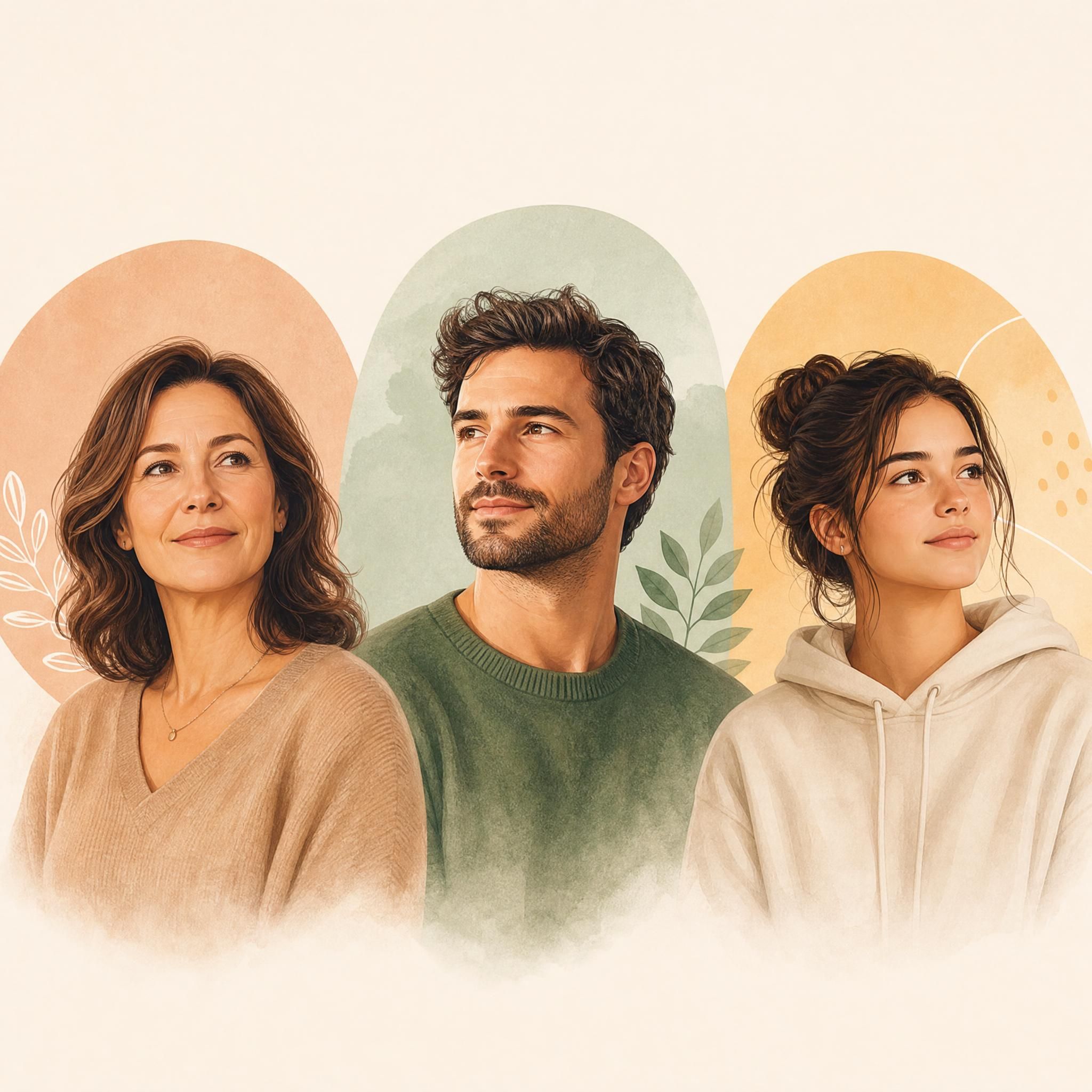 trois portraits symboliques de personnes différentes — une femme, un homme, une jeune femme — dans des teintes douces et chaleureuses, illustrant des profils variés de personnes accompagnées en hypnothérapie