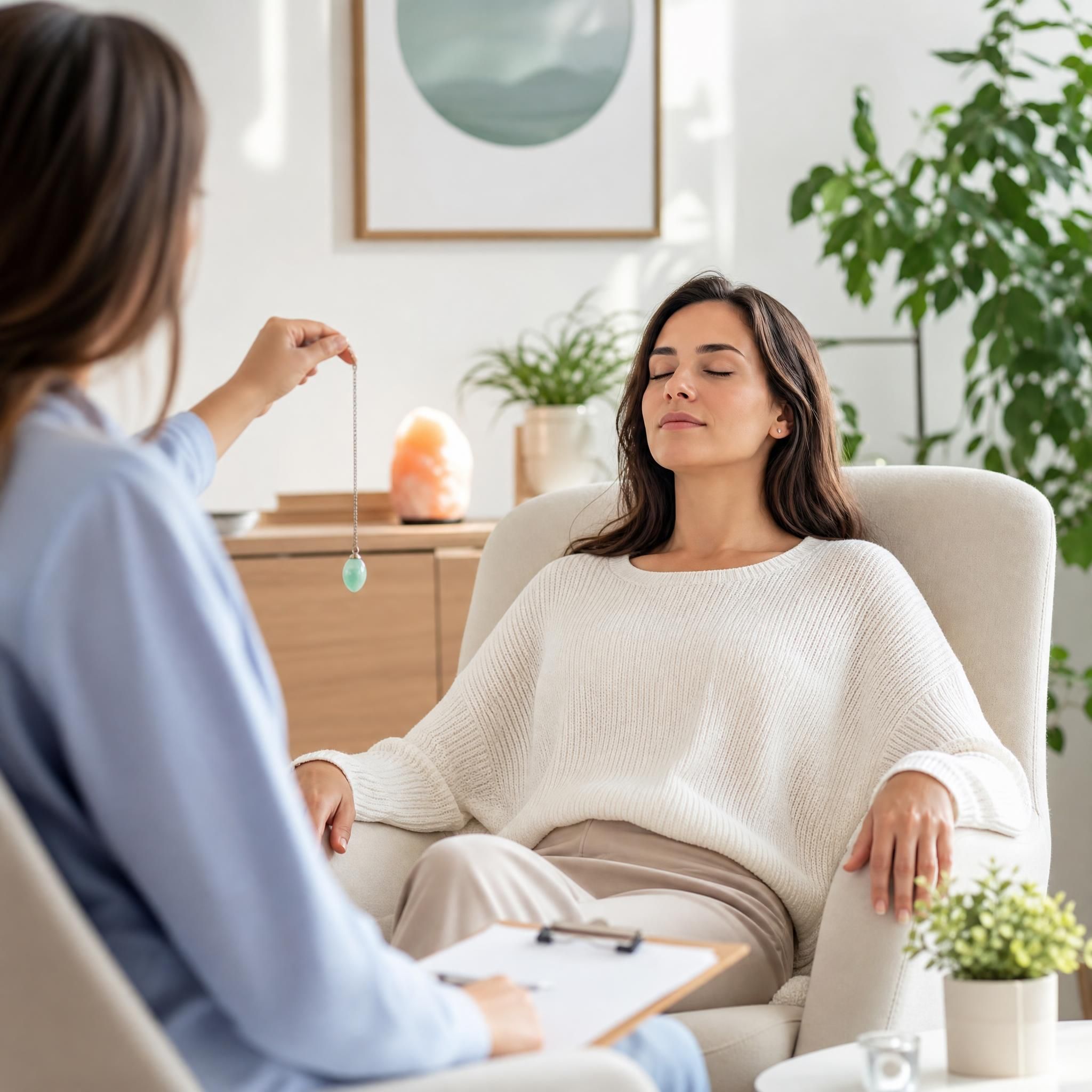femme assise dans un espace lumineux et apaisant, les yeux fermés, en état de relaxation profonde lors d'une séance d'hypnose thérapeutique