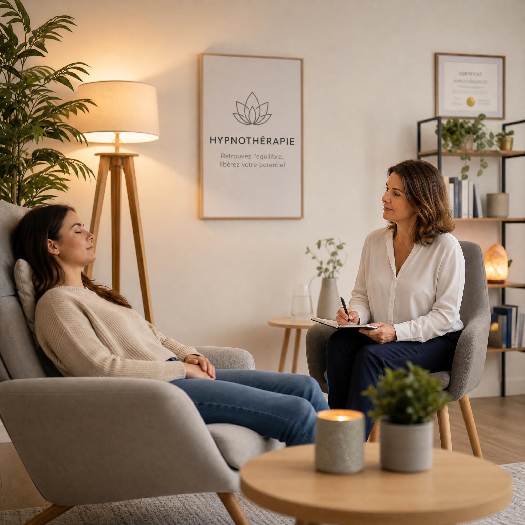 hypnothérapeute et patient en séance, espace chaleureux et sécurisant, lumière douce, ambiance bienveillante et professionnelle