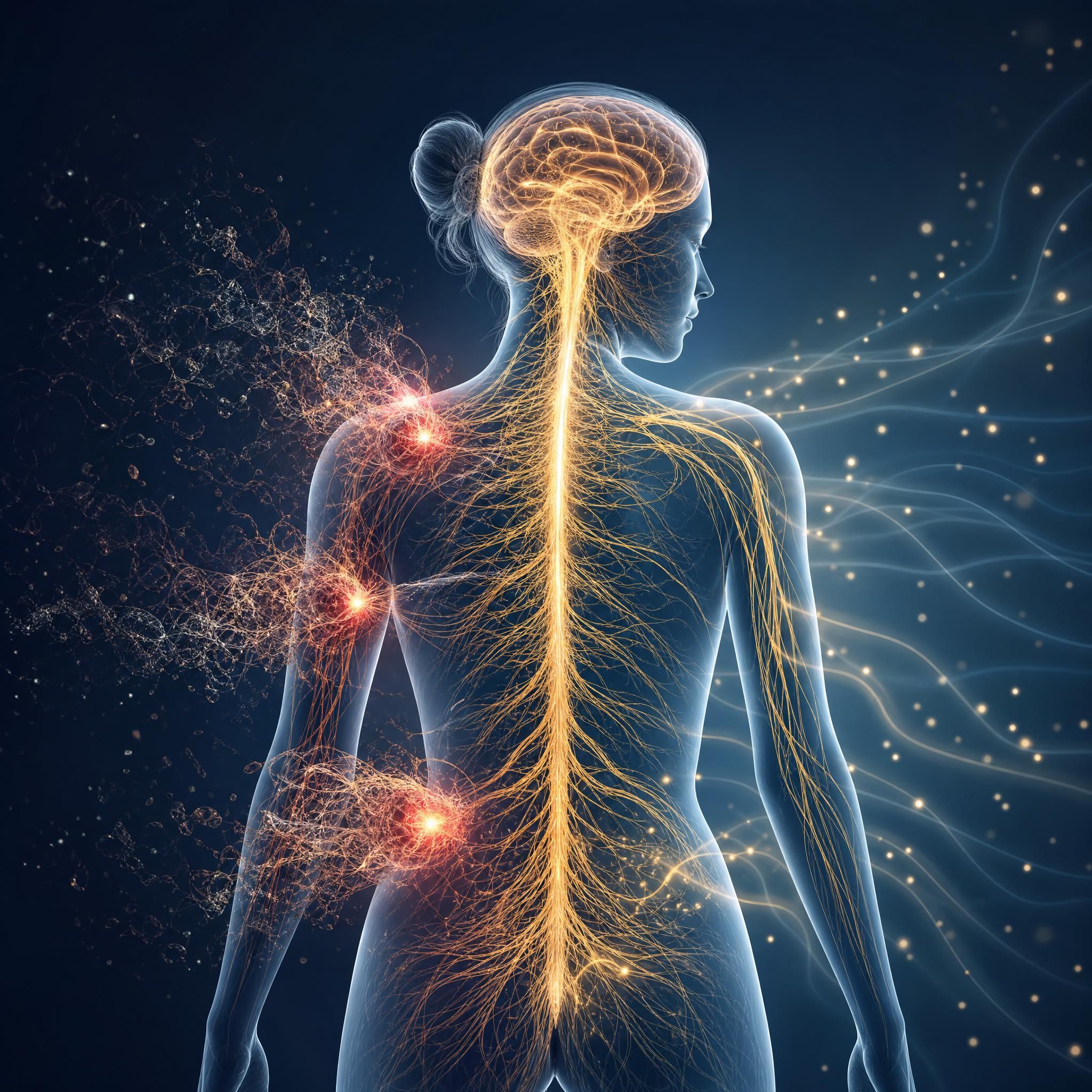illustration symbolique d'un système nerveux humain lumineux avec des nœuds de tension se dissolvant, représentant la régulation du système nerveux et la libération des charges émotionnelles