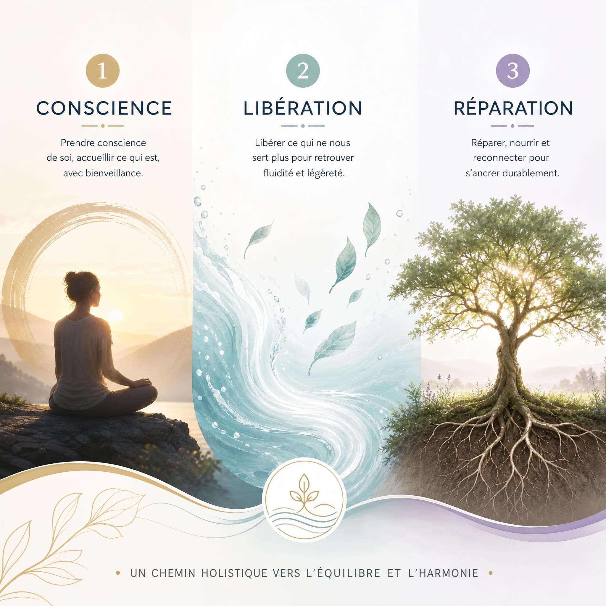 représentation visuelle des trois étapes d'un processus thérapeutique holistique — conscience, libération, réparation — avec des symboles doux de lumière, de fluidité et de racines
