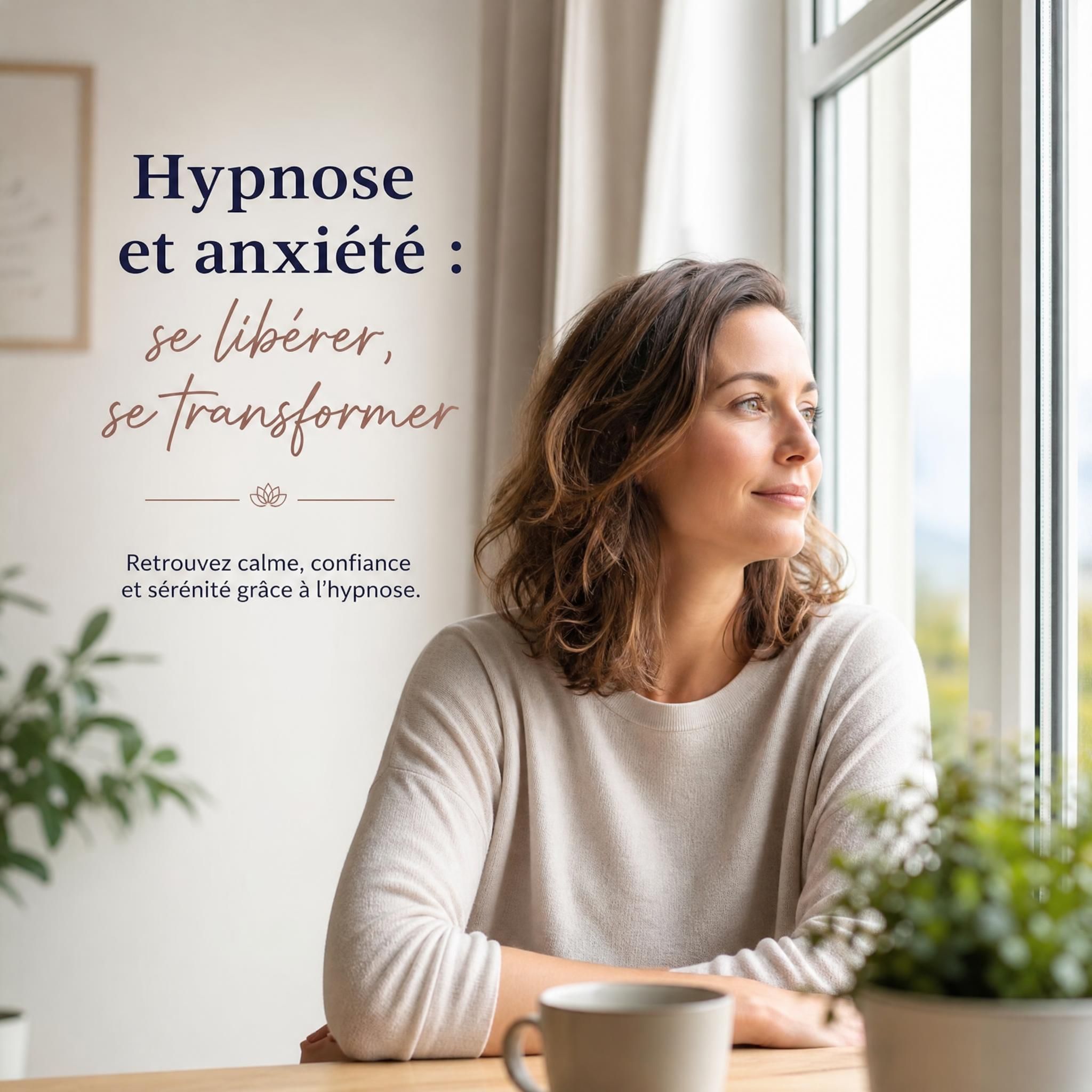 femme regardant par la fenêtre avec sérénité, lumière naturelle, transformation émotionnelle après hypnose anxiété