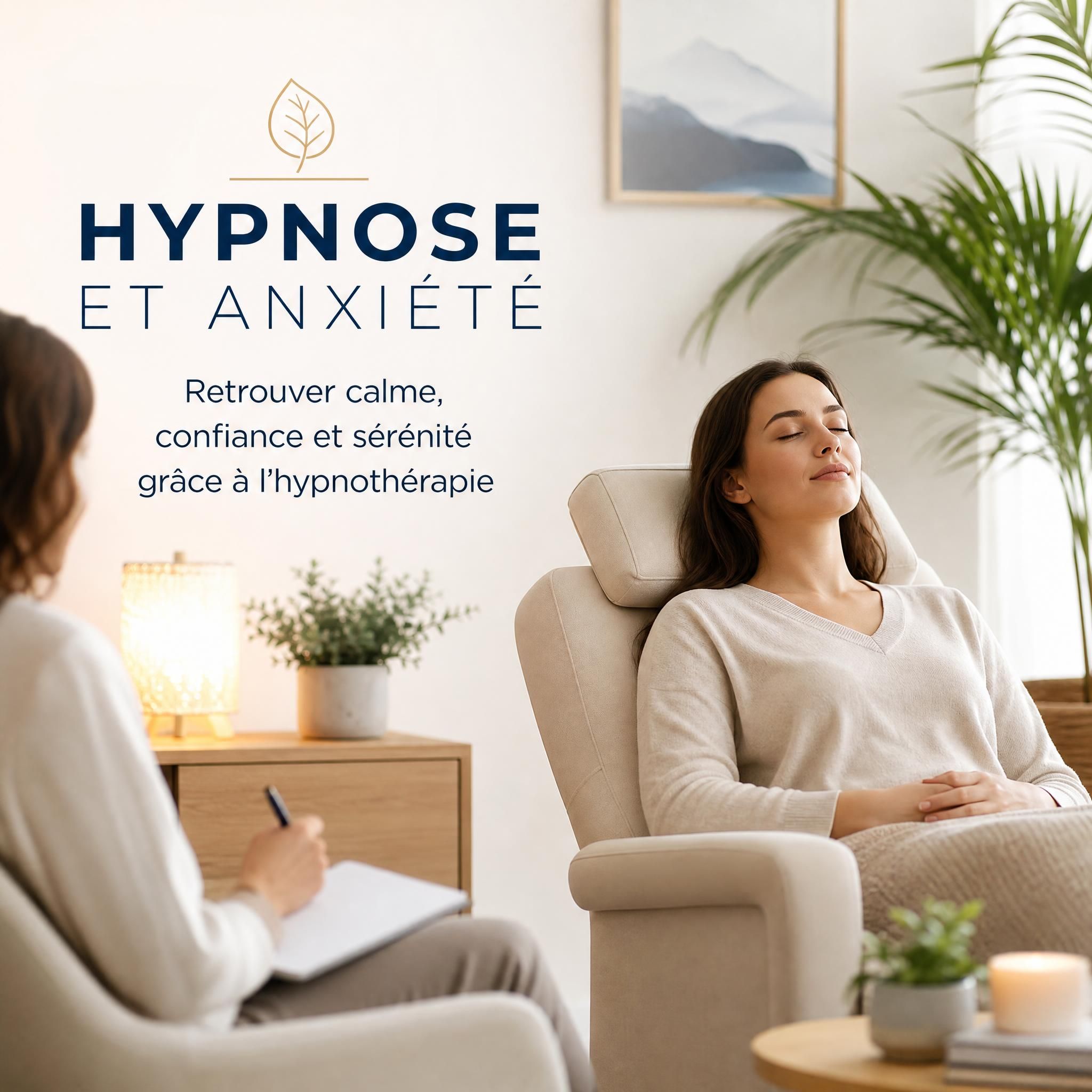 femme sereine en séance d'hypnothérapie, lumière douce, ambiance apaisante, hypnose anxiété