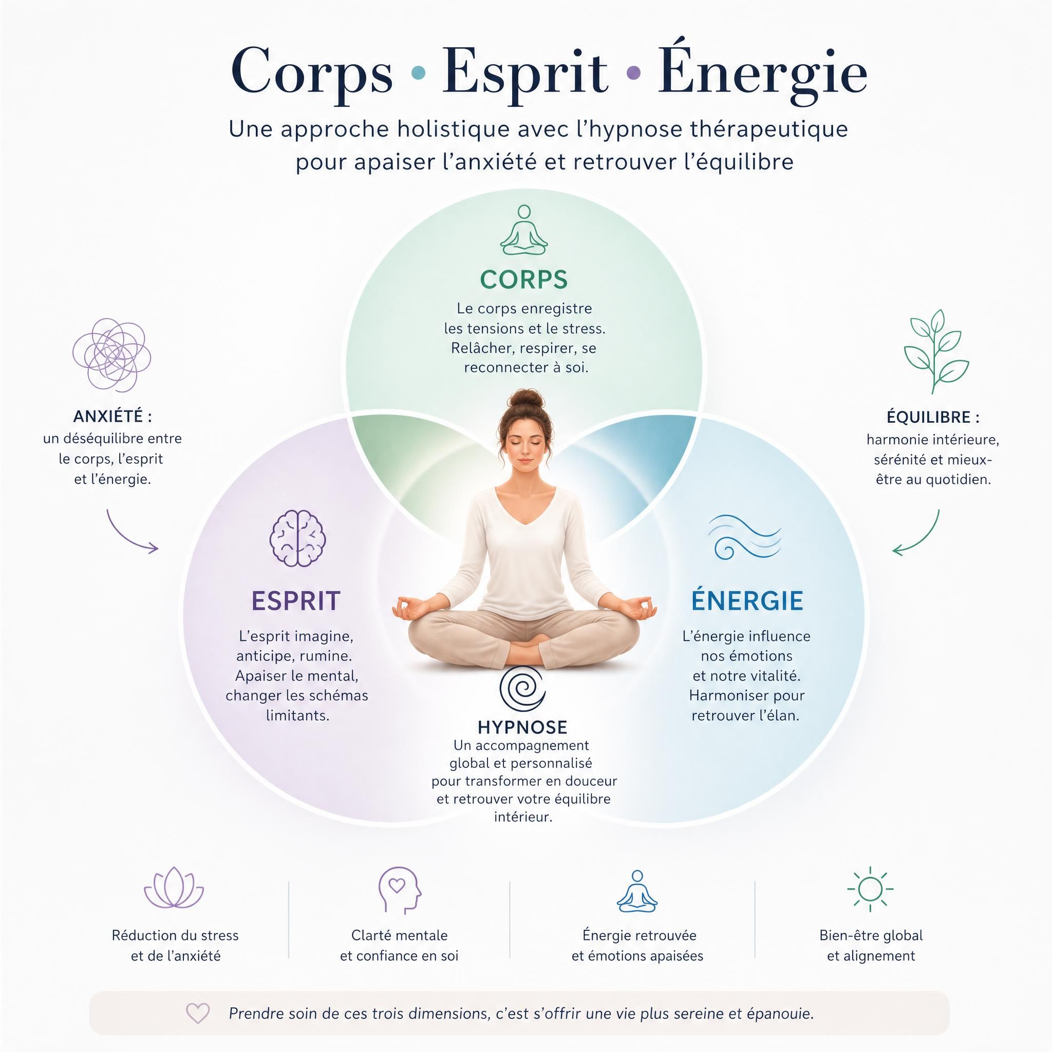 schéma visuel des trois dimensions corps esprit énergie, approche holistique hypnose thérapeutique anxiété