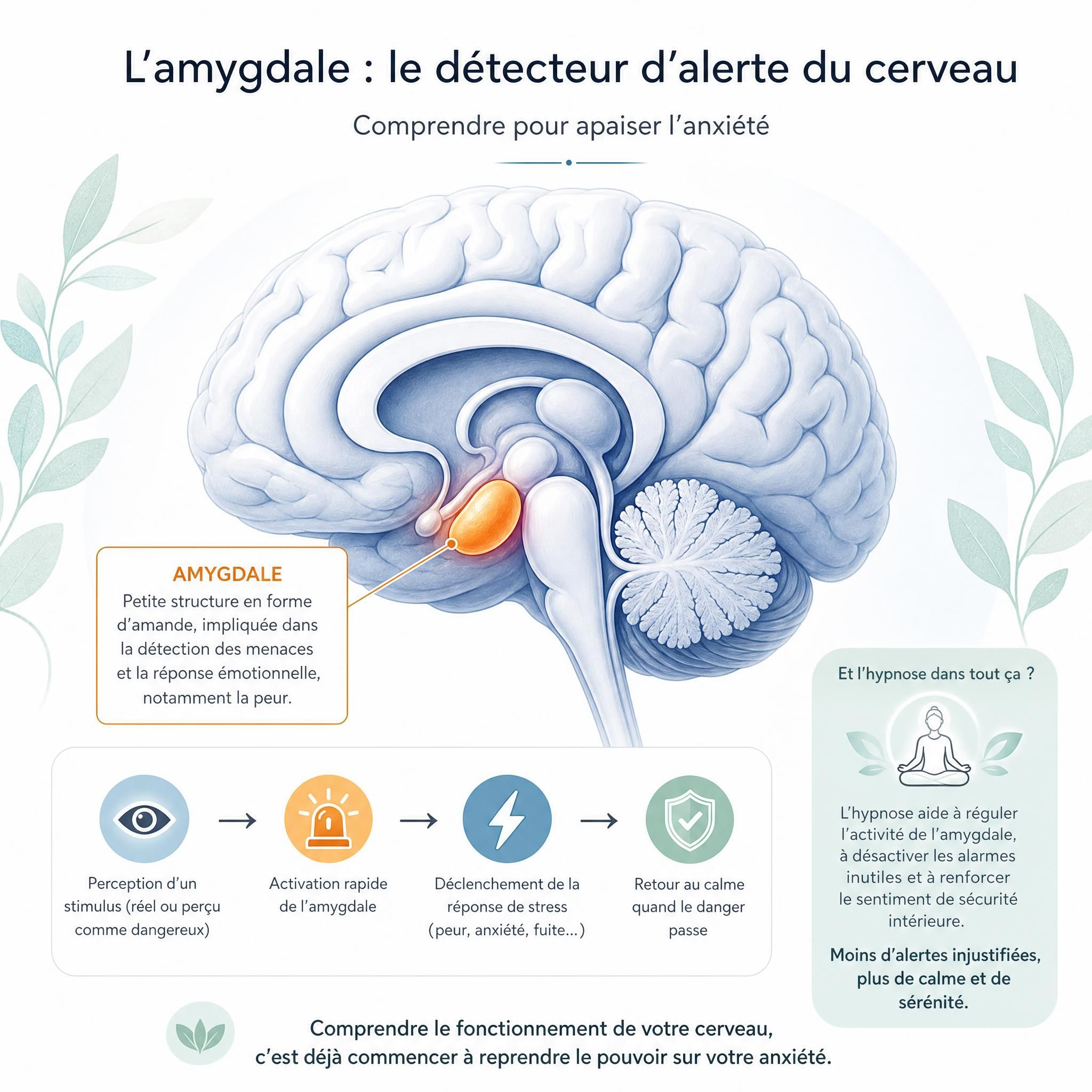 illustration du cerveau avec amygdale mise en évidence, neurosciences et hypnose anxiété, schéma apaisant
