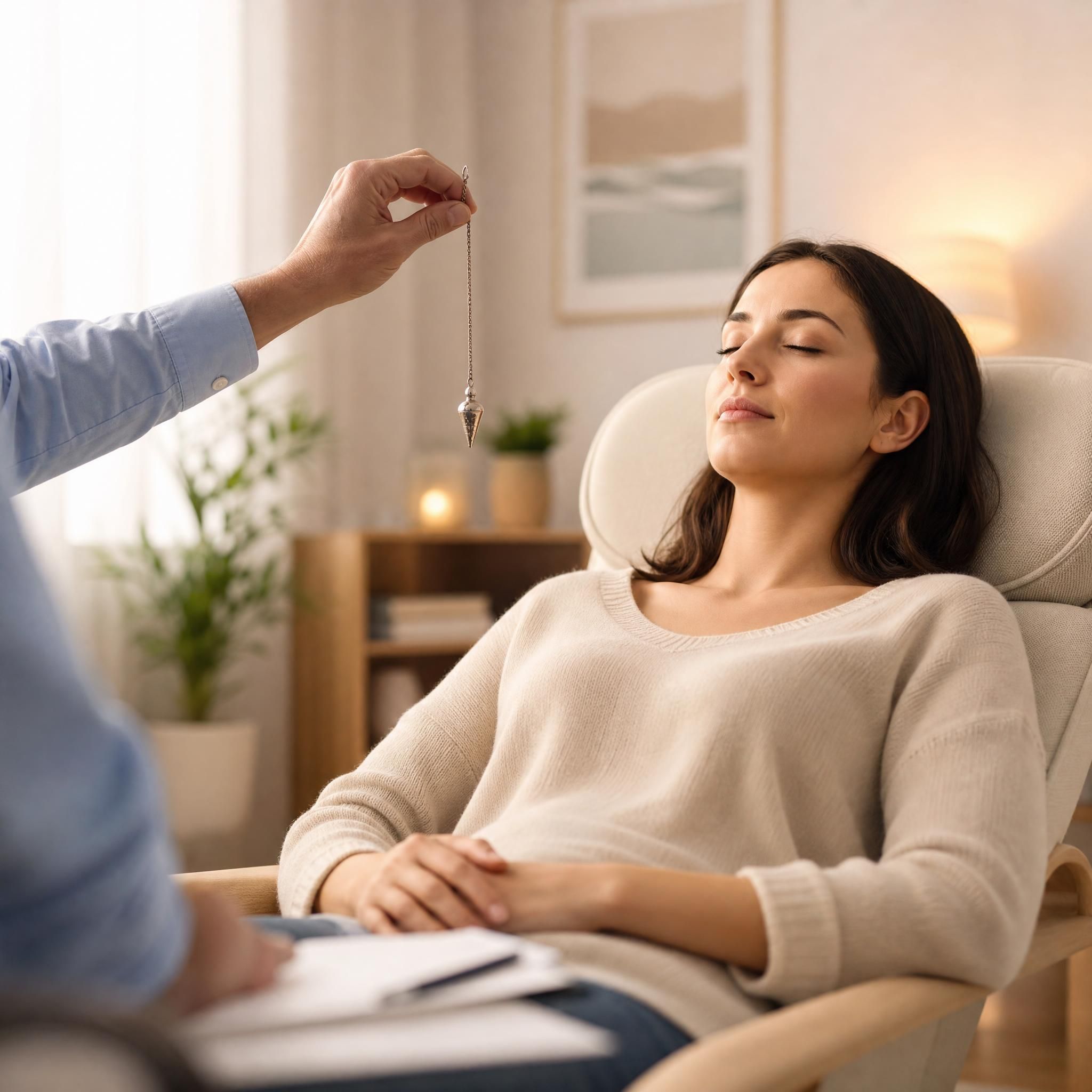 femme en état de relaxation profonde lors d'une séance d'hypnose thérapeutique, lumière douce et apaisante