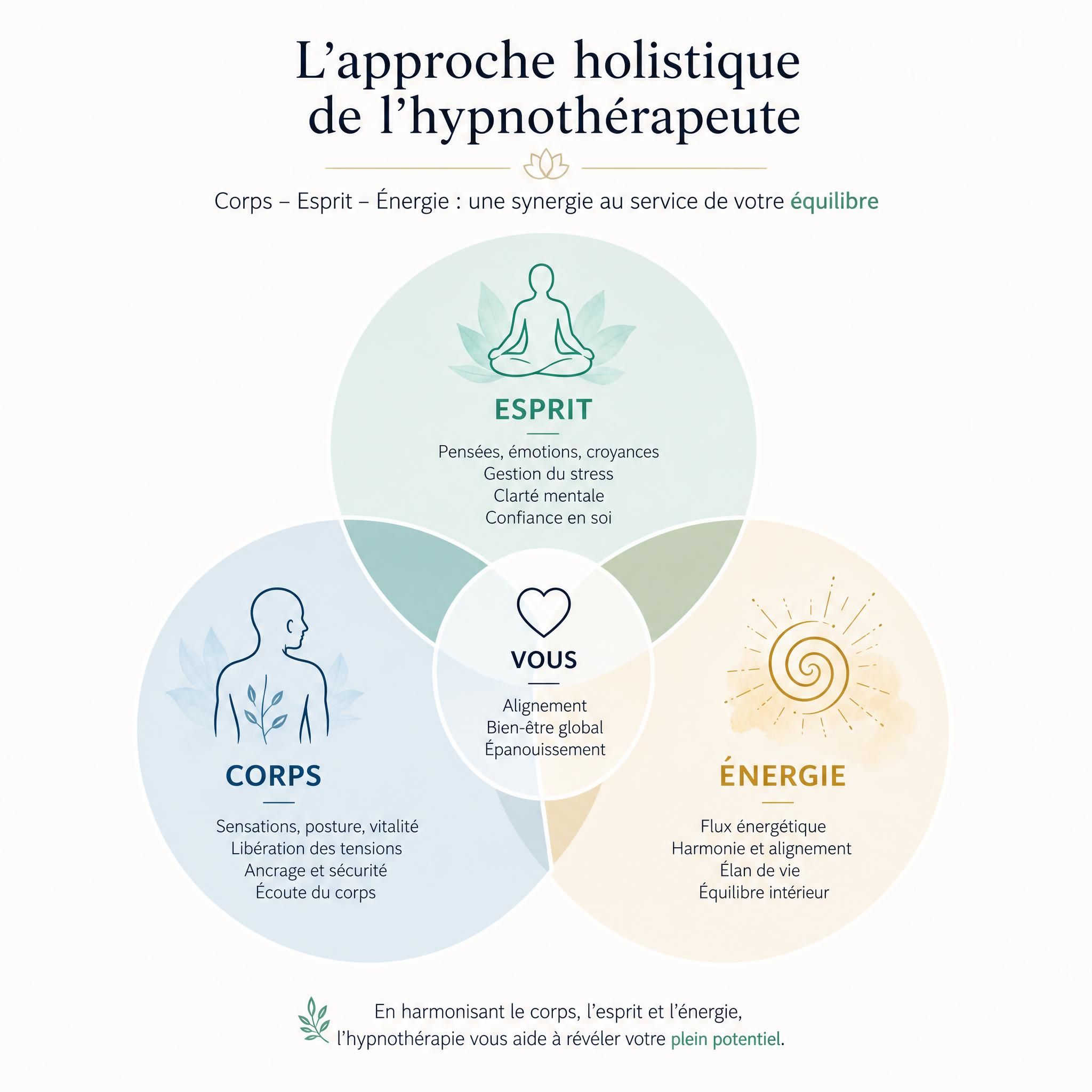 schéma visuel des trois dimensions corps-esprit-énergie dans l'approche holistique de l'hypnothérapeute