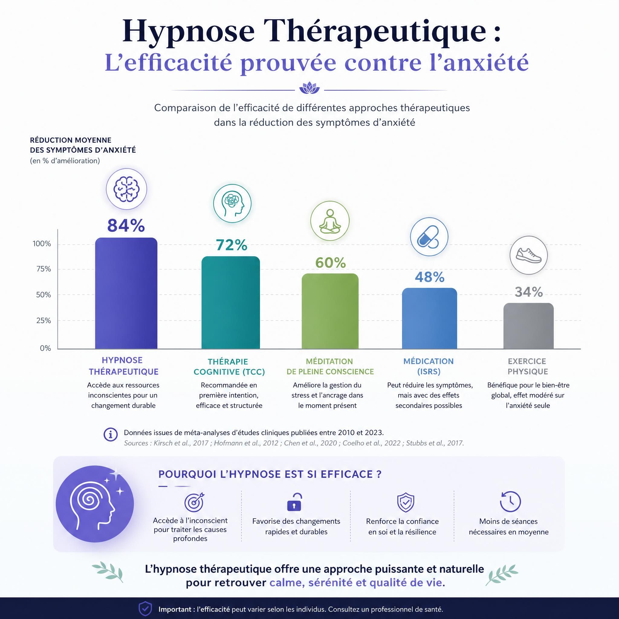 graphique ou infographie montrant l'efficacité comparative de l'hypnose thérapeutique vs autres approches pour l'anxiété, style moderne et professionnel