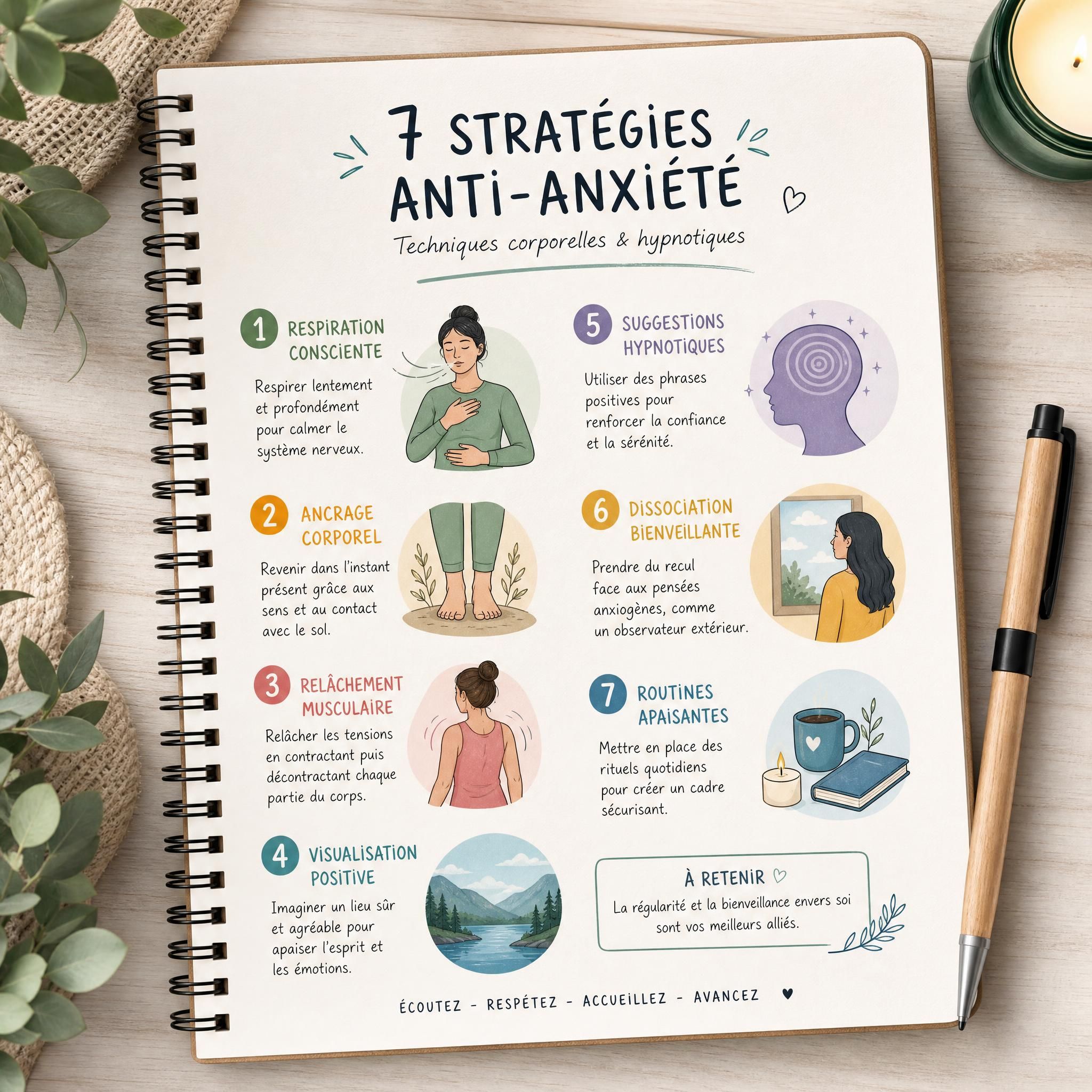 illustration des 7 stratégies anti-anxiété, carnet de notes avec techniques corporelles et hypnotiques