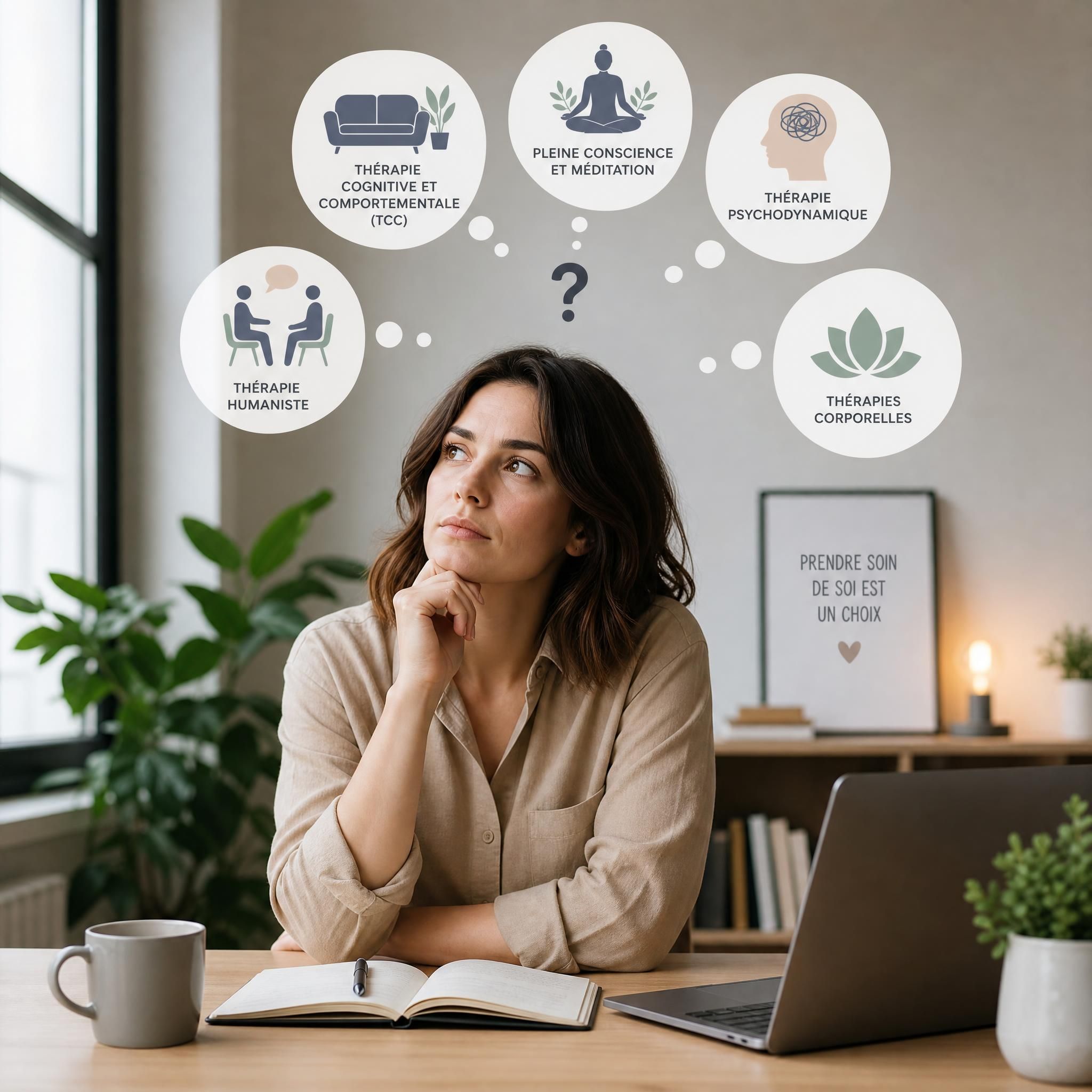 Personne pensive devant un bureau, symbolisant la réflexion et les questions avant de choisir une thérapie pour l'anxiété