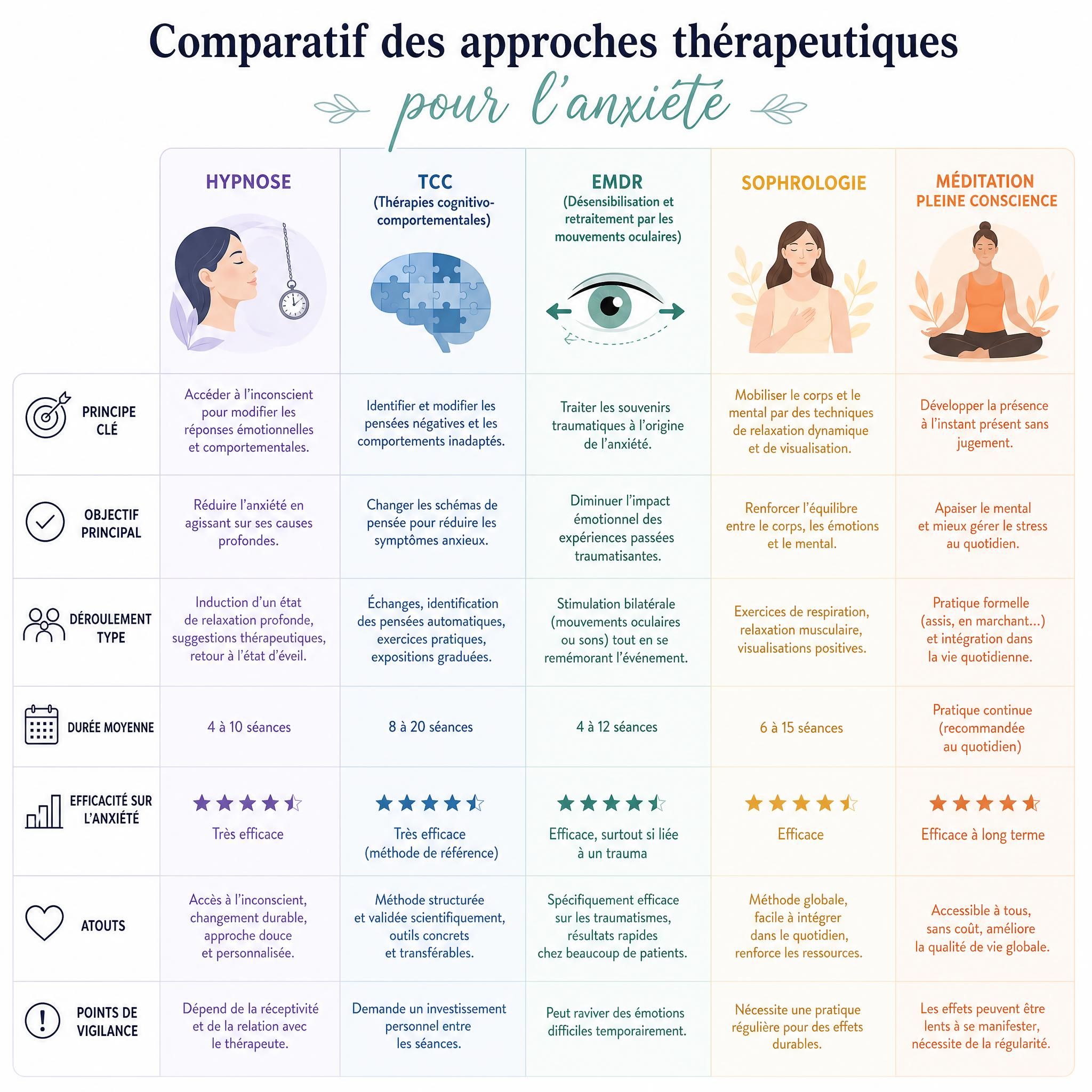 Tableau comparatif illustré des différentes approches thérapeutiques pour l'anxiété : hypnose, TCC, EMDR, sophrologie, méditation