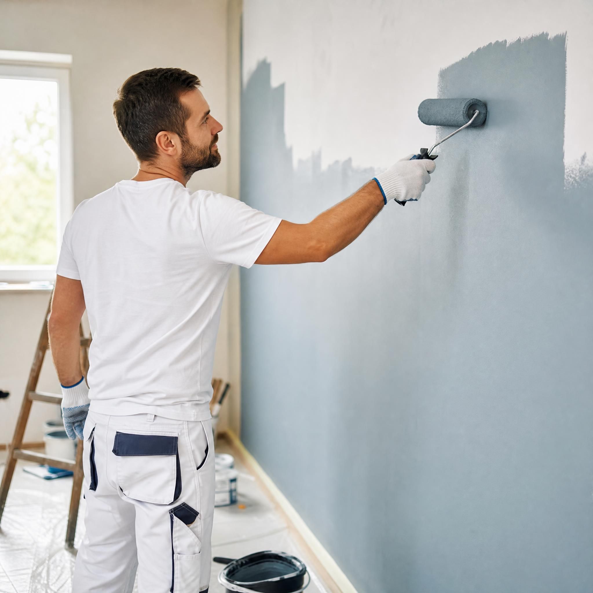 Artisan handyman en train de peindre un mur intérieur avec un rouleau, rénovation maison professionnelle