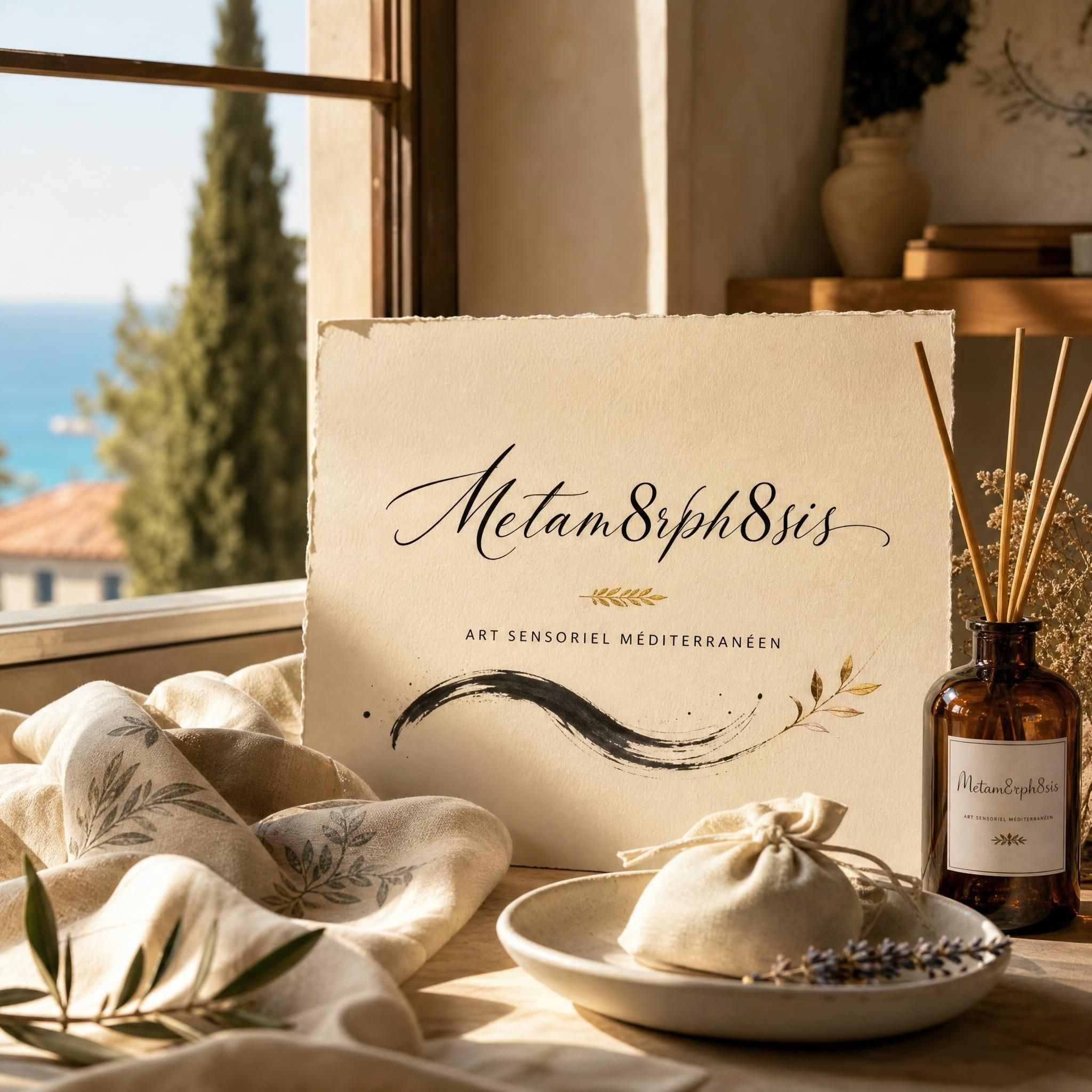 Golden Mediterranean light filtering through a studio window onto a calligraphy piece and scented fabric — Metam8rph8sis art sensoriel méditerranéen