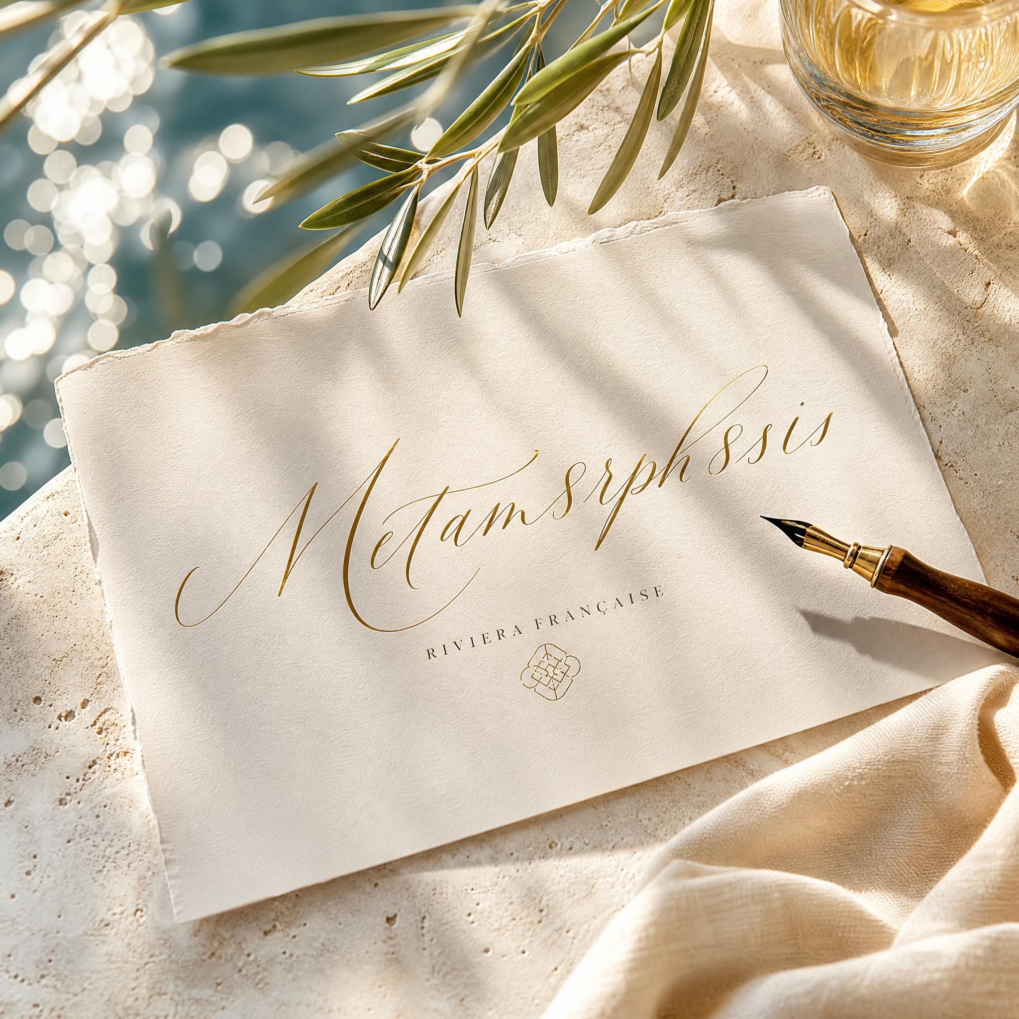 Lumière dorée méditerranéenne filtrant sur une calligraphie personnalisée posée sur une surface en pierre blanche, Riviera française, art sensoriel Metam8rph8sis