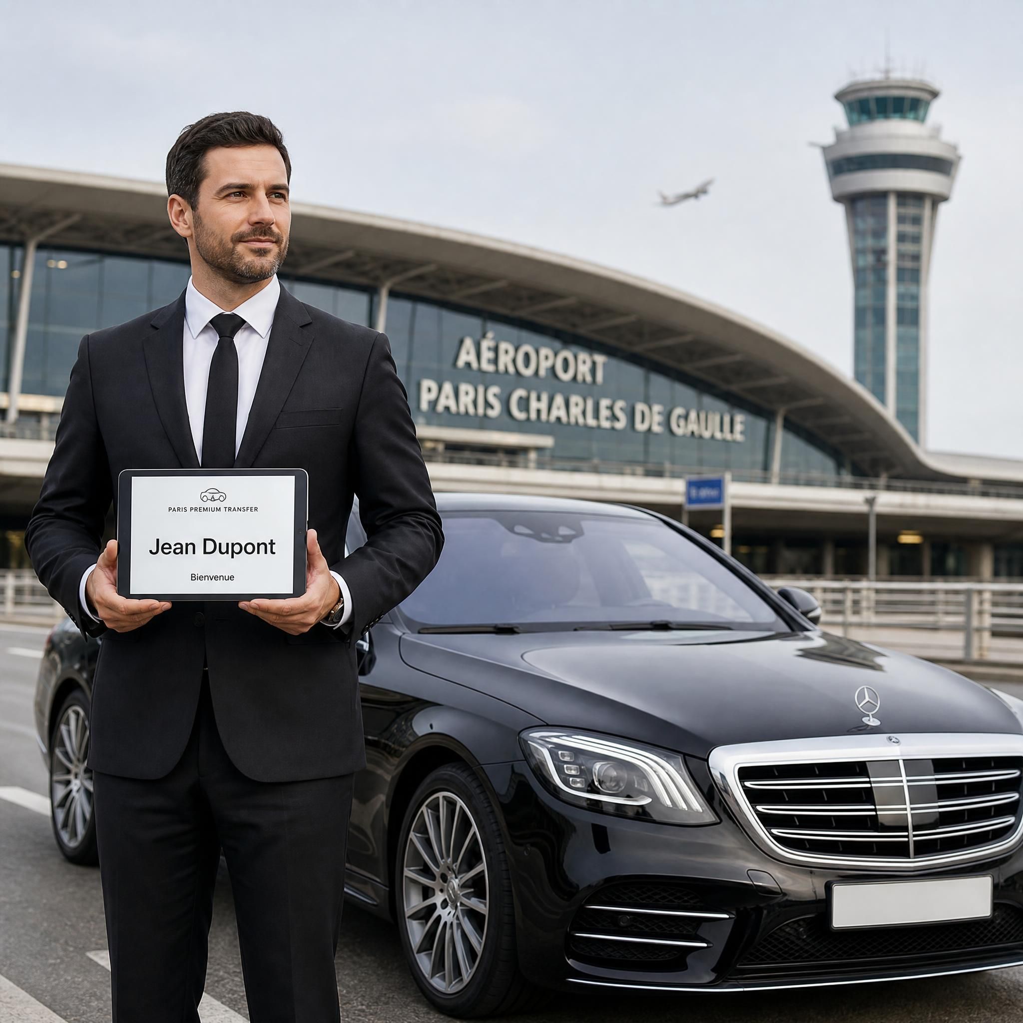 Chauffeur privé professionnel en tenue sombre tenant une tablette nominative devant une Mercedes Classe S noire à Paris, aéroport CDG en arrière-plan
