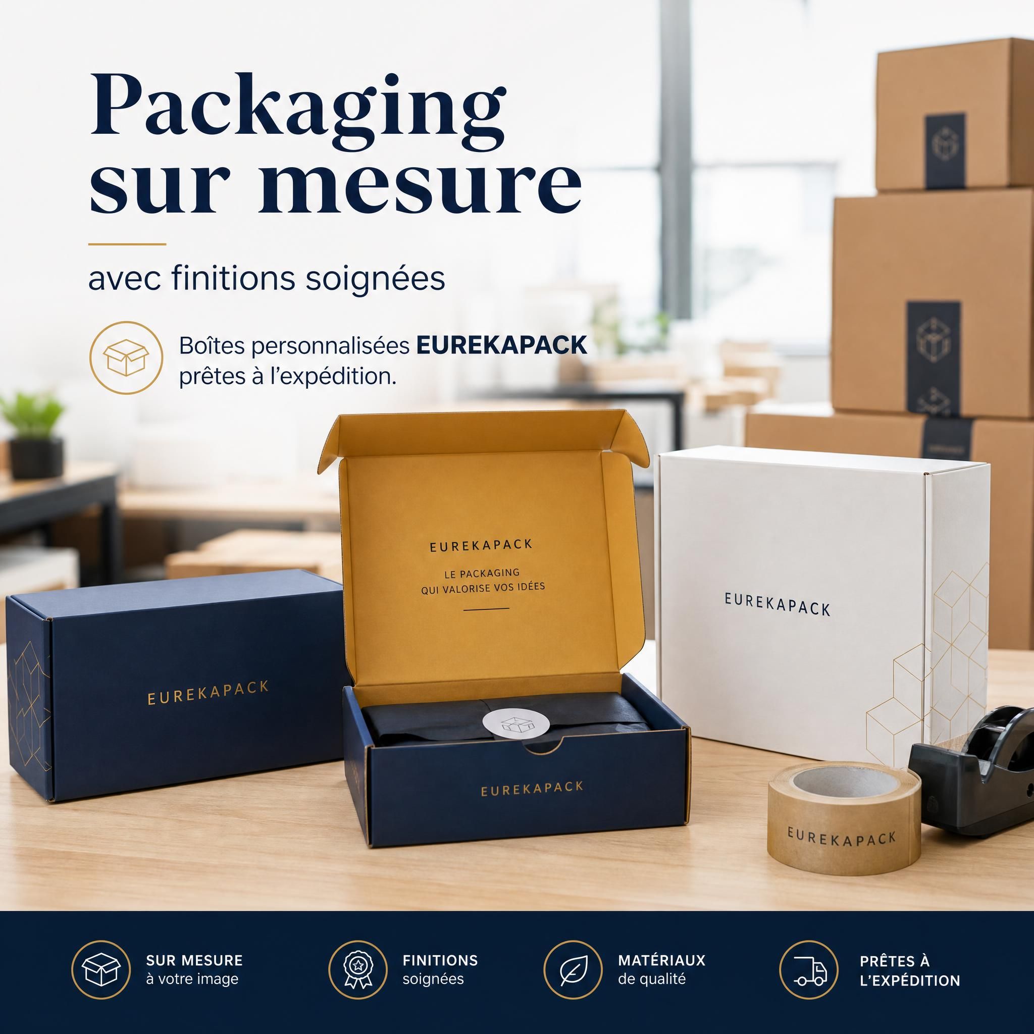 Packaging sur mesure avec finitions soignées – boîtes personnalisées EUREKAPACK prêtes à l'expédition