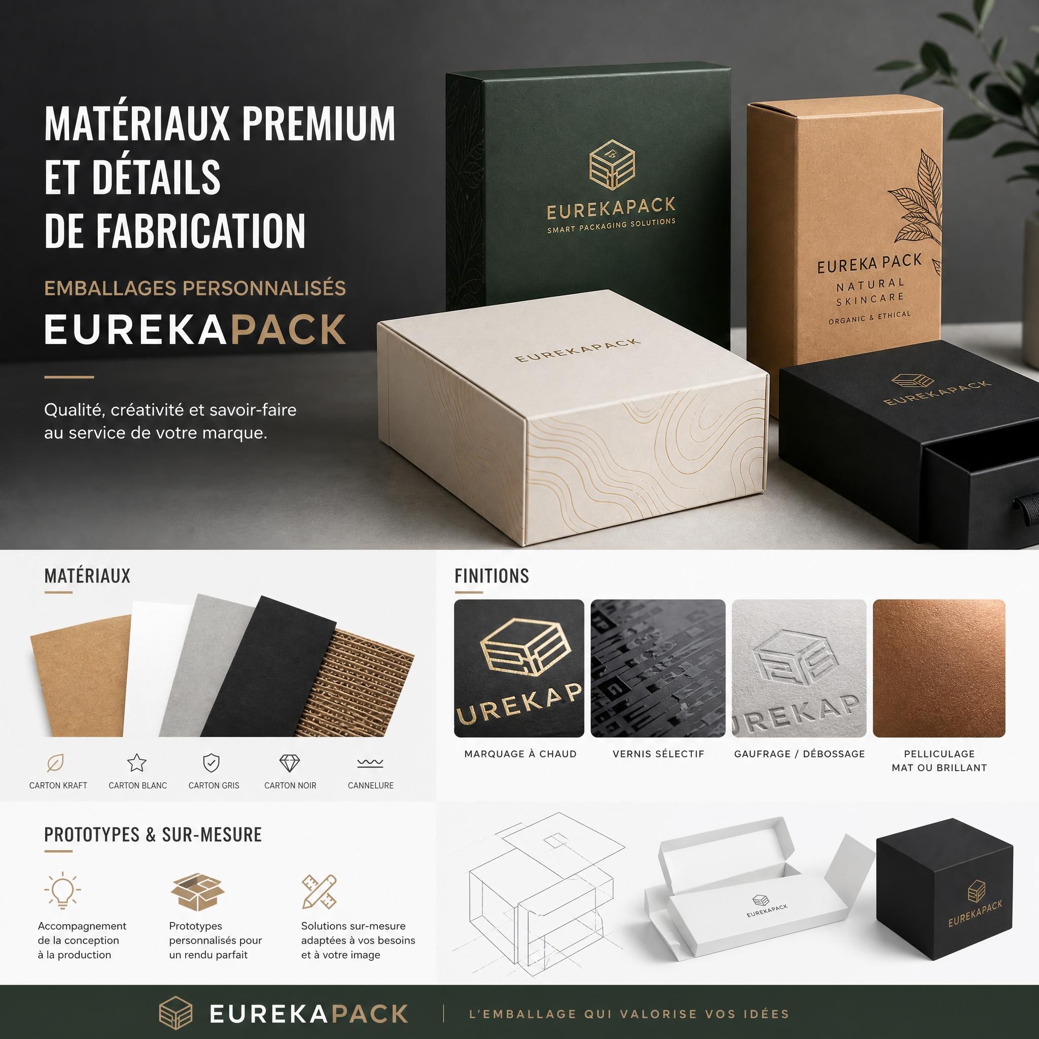 Matériaux premium et détails de fabrication d'emballages personnalisés EUREKAPACK – cartons, finitions et prototypes
