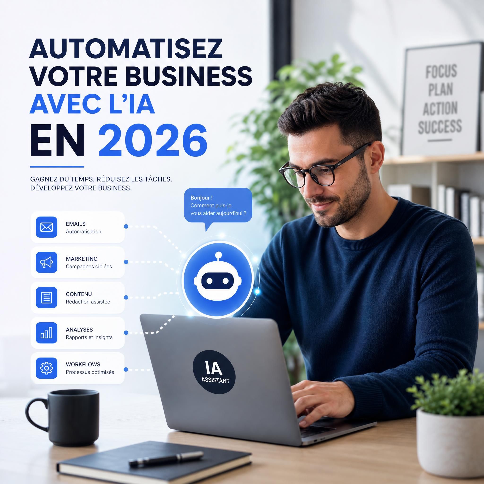 Entrepreneur utilisant un assistant IA sur son ordinateur portable pour automatiser son business en 2026