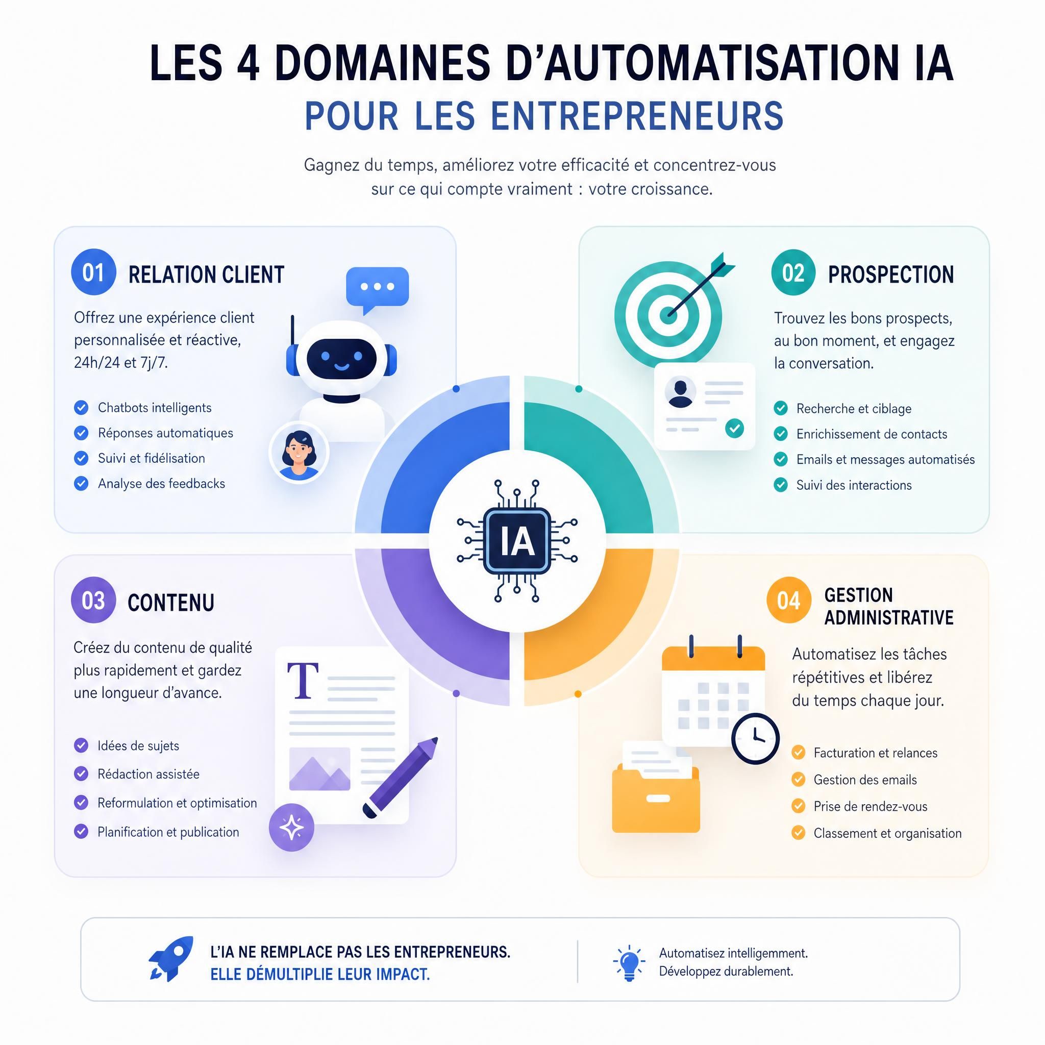Schéma illustrant les 4 domaines d'automatisation IA pour entrepreneurs - relation client, prospection, contenu, gestion administrative