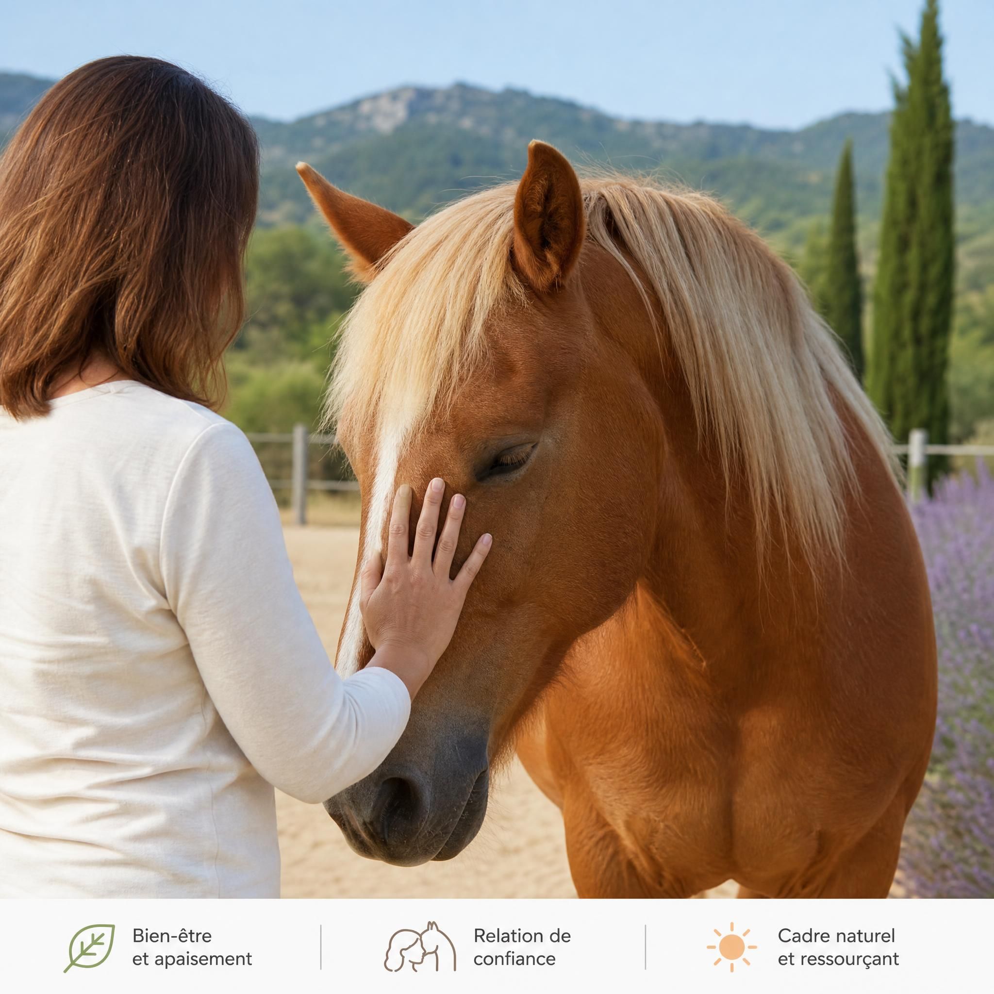 Interaction douce entre une personne adulte et un cheval lors d'une séance d'équithérapie en Drôme provençale, sans visage visible, cadre naturel ensoleillé