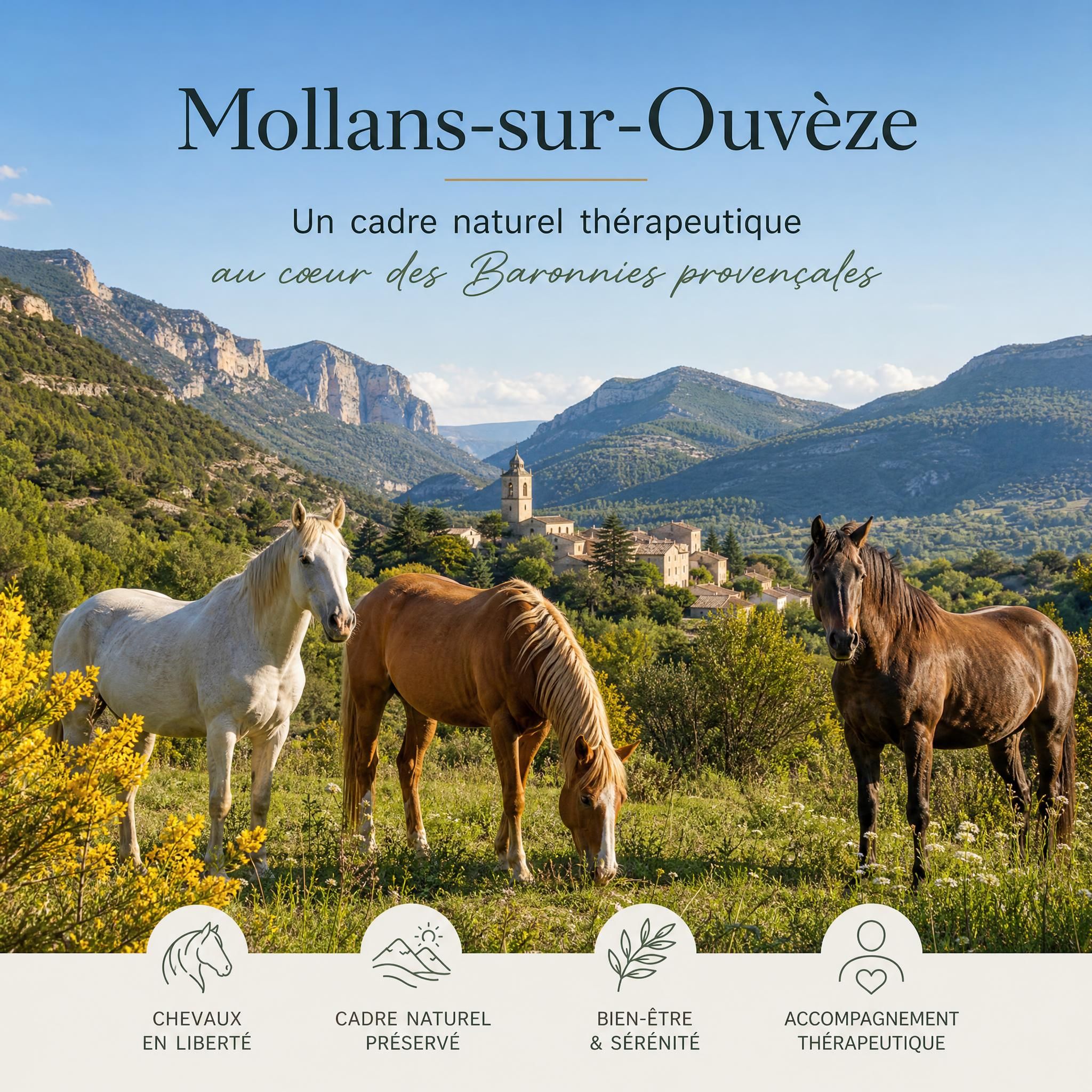 Paysage provençal de Mollans-sur-Ouvèze avec chevaux en liberté dans les Baronnies provençales, cadre naturel thérapeutique