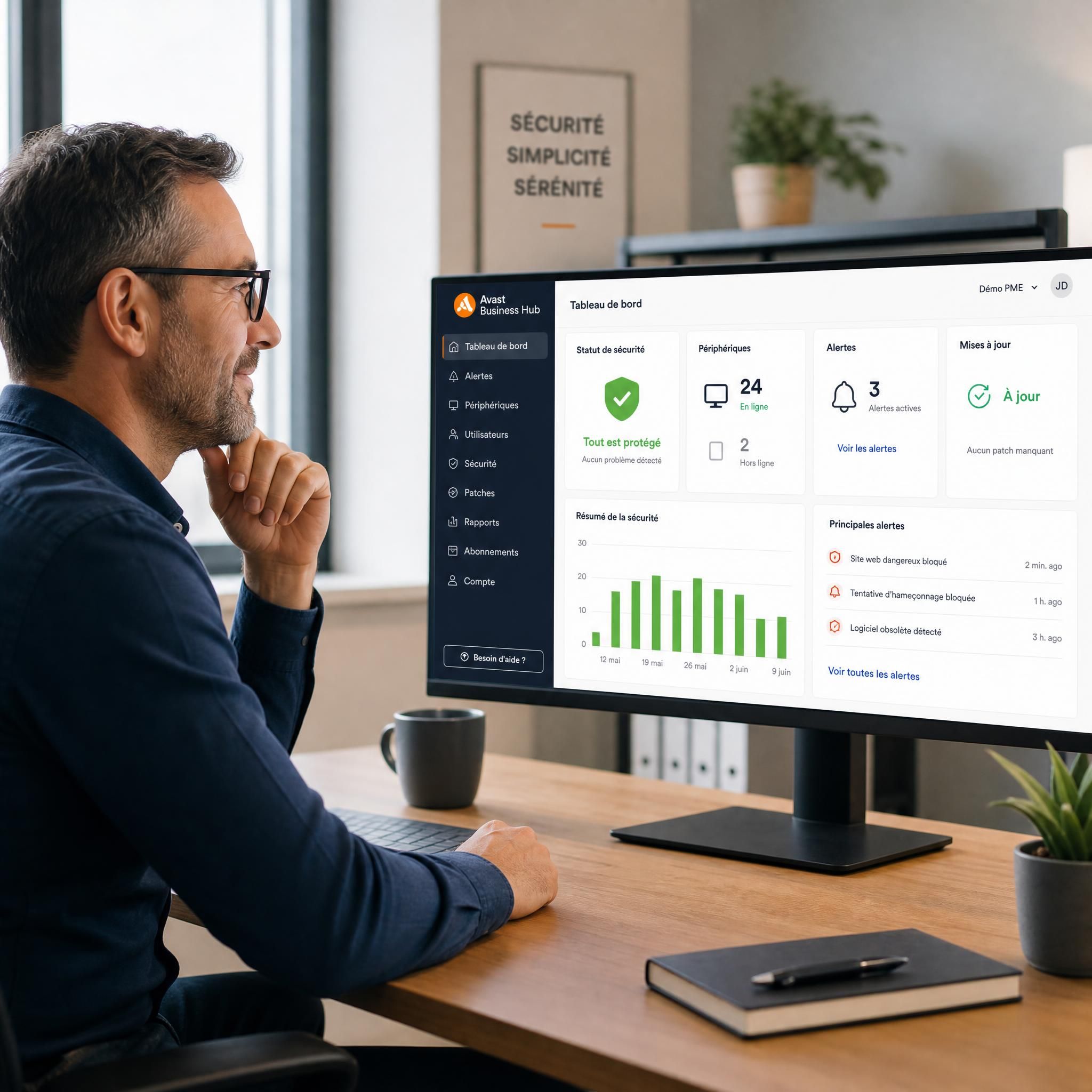 Chef d'entreprise PME serein devant son écran avec tableau de bord de sécurité Avast Business Hub affiché, bureau professionnel moderne
