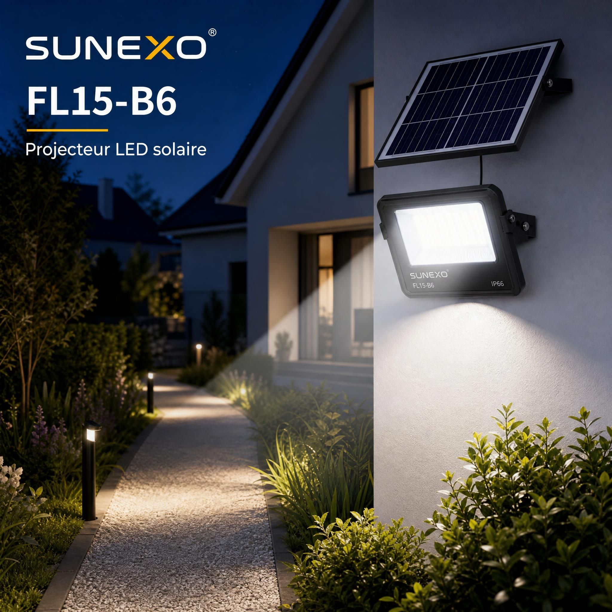Projecteur LED solaire Sunexo FL15-B6 installé sur façade de maison éclairant une allée de jardin la nuit