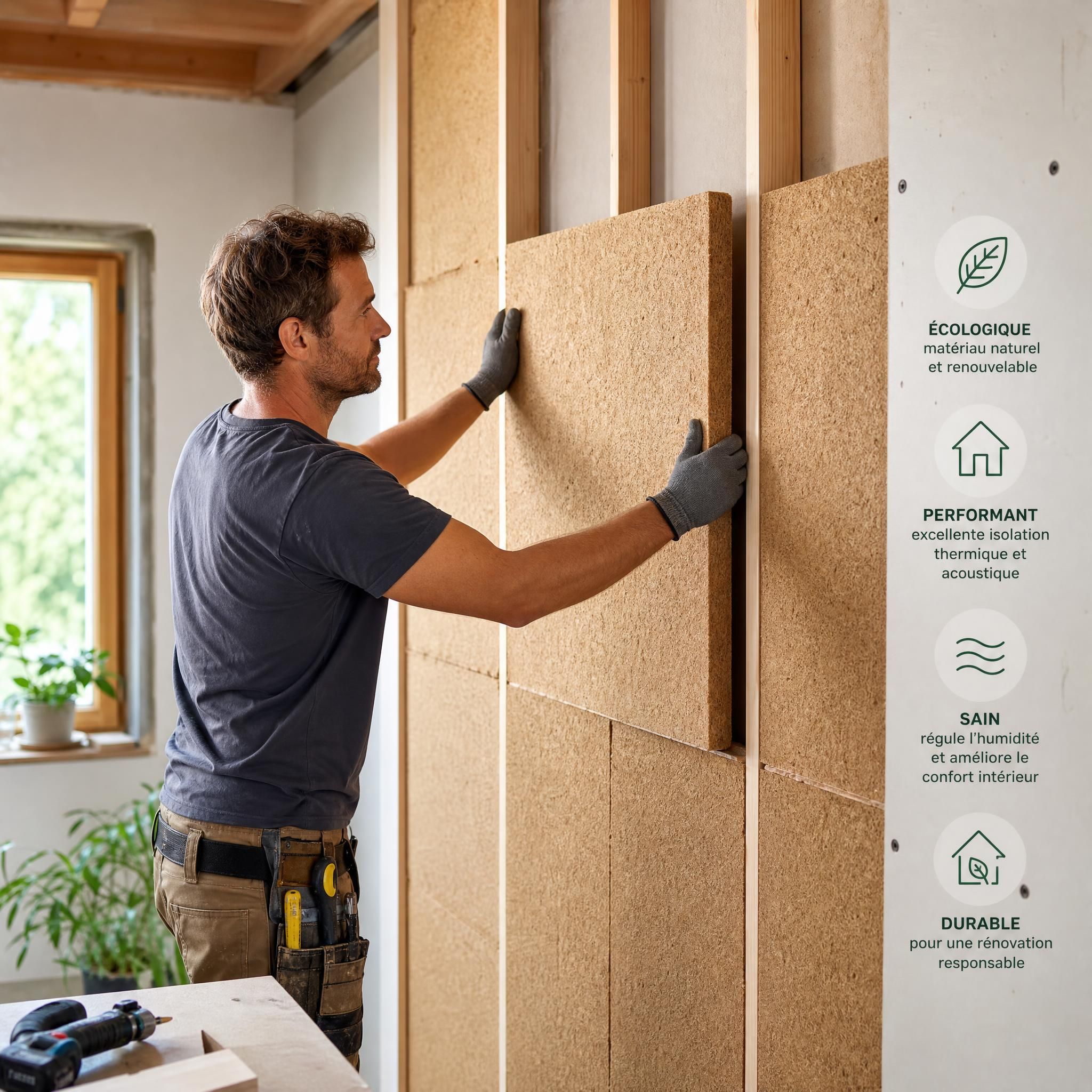 Artisan posant des panneaux de fibre de bois sur un mur lors d'une rénovation intérieure écologique