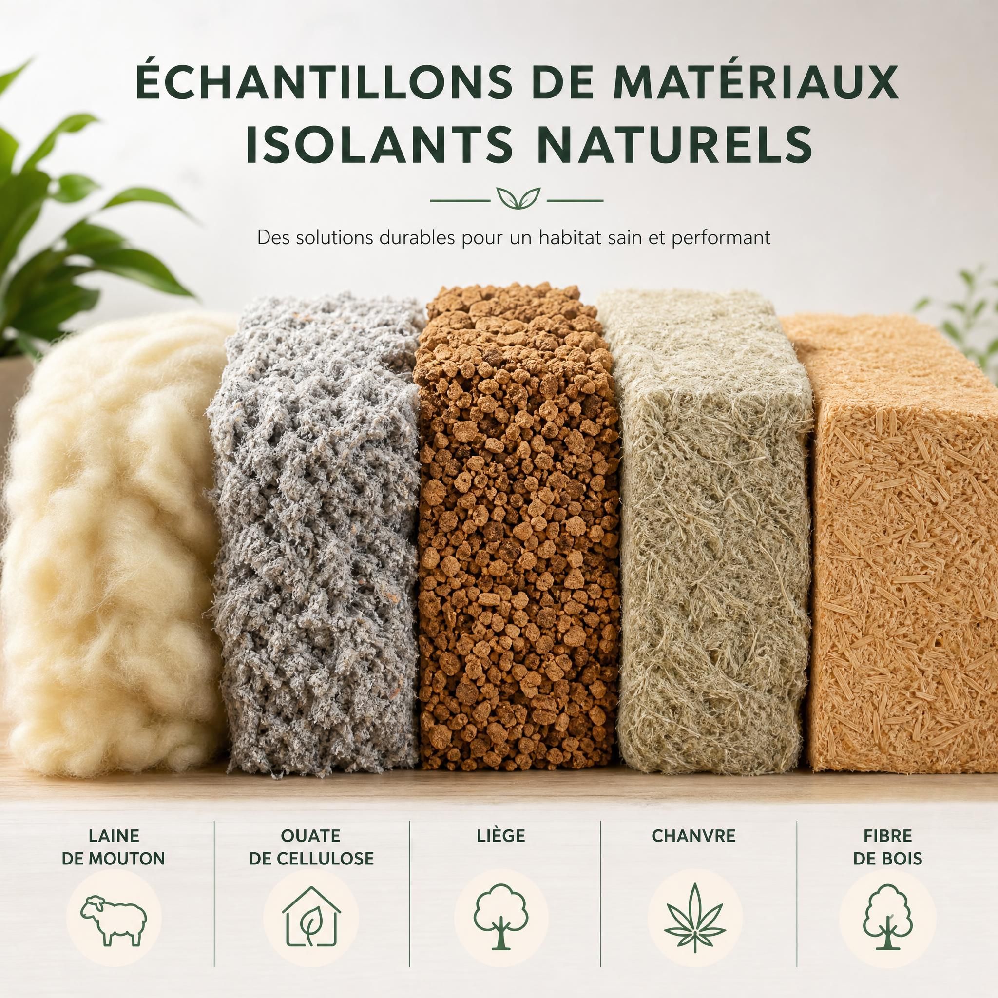 Échantillons de matériaux isolants naturels : laine de mouton, ouate de cellulose, liège, chanvre et fibre de bois disposés côte à côte