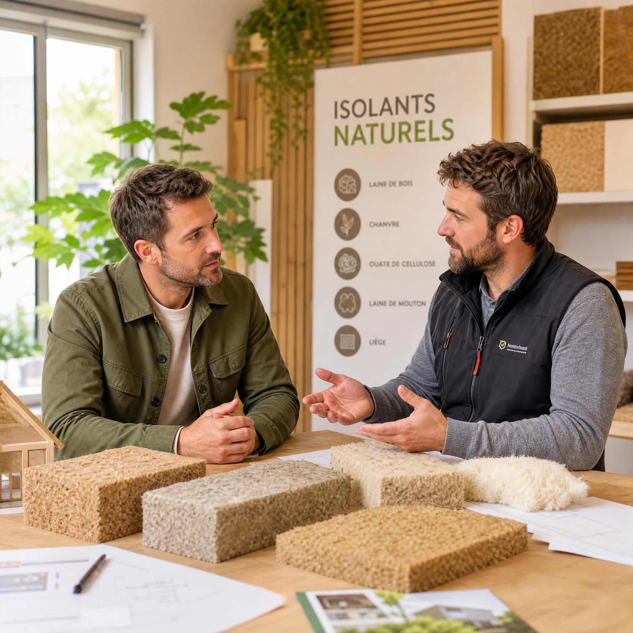 Propriétaire et artisan en discussion devant des échantillons d'isolants naturels lors d'une consultation de rénovation