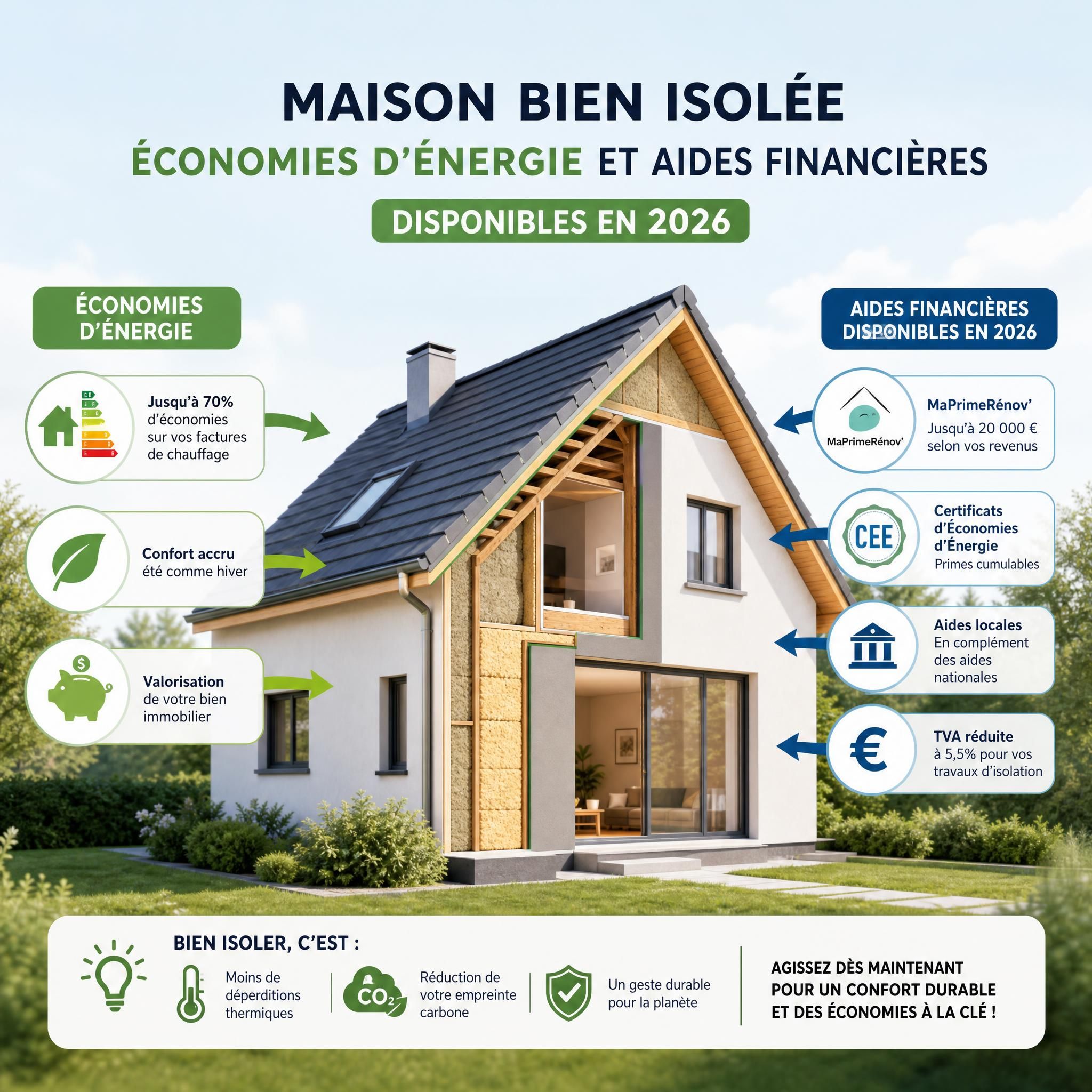 Illustration d'une maison bien isolée avec des flèches indiquant les économies d'énergie et les aides financières disponibles en 2026