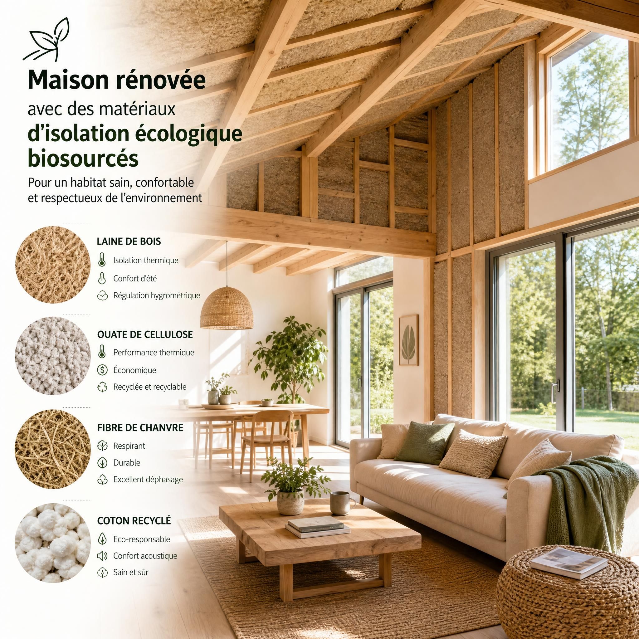 Maison rénovée avec des matériaux d'isolation écologique biosourcés, vue intérieure confortable et lumineuse