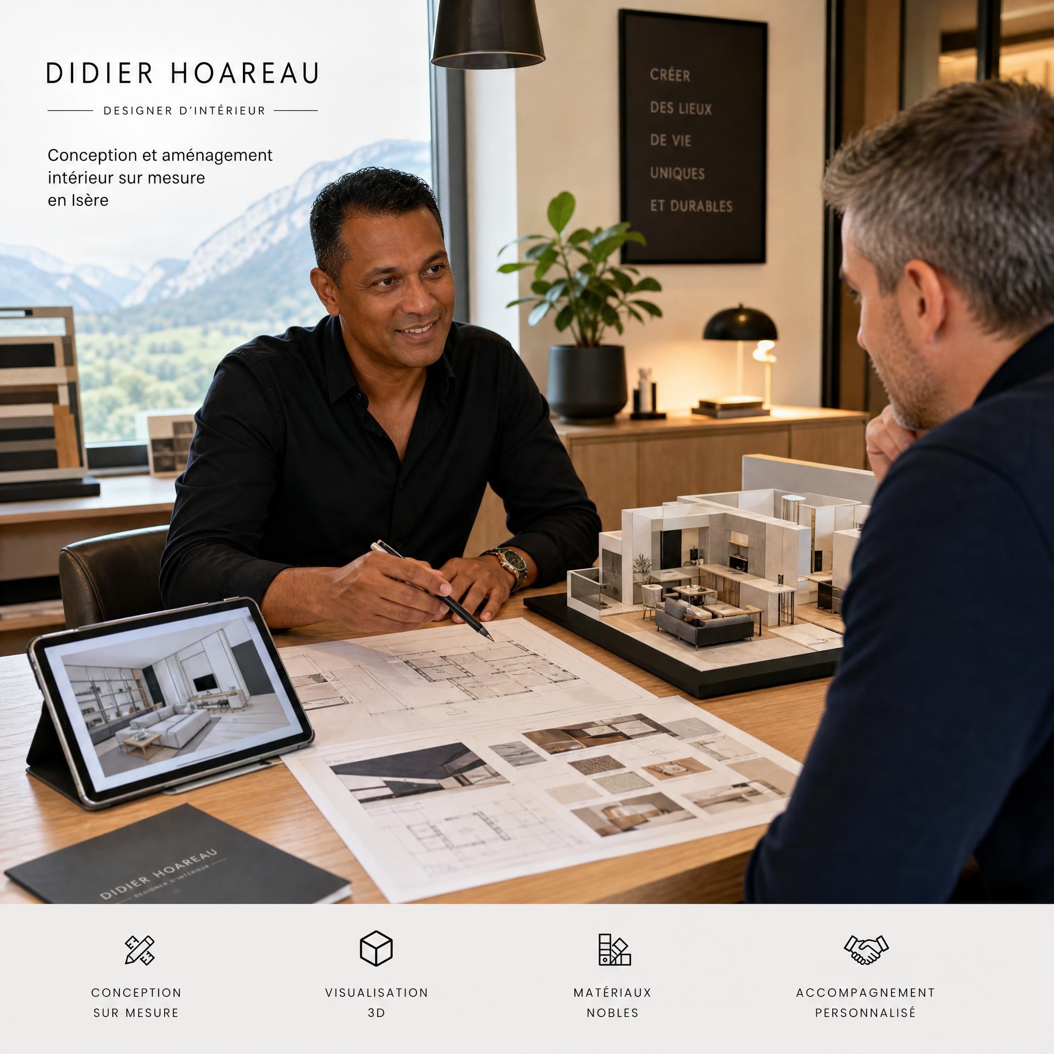 Designer d'intérieur Didier Hoareau en consultation avec un client pour un projet d'aménagement intérieur sur mesure en Isère, avec plans et maquette 3D sur la table