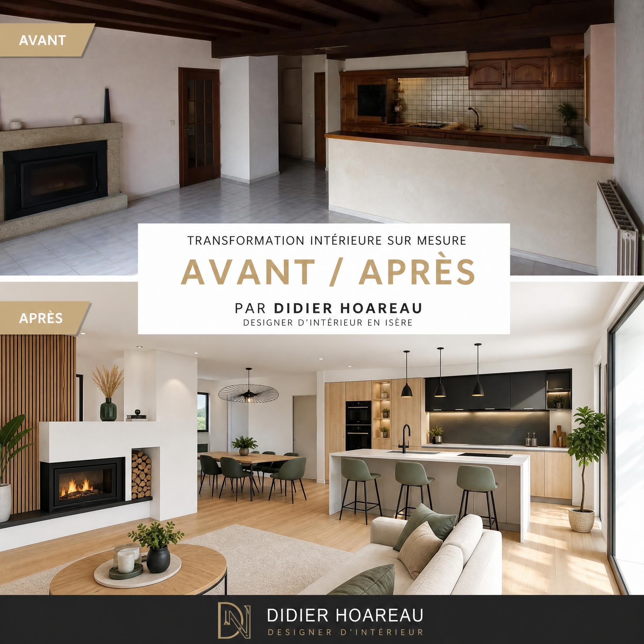 Avant-après d'une transformation intérieure sur mesure par Didier Hoareau, designer d'intérieur Isère - cuisine contemporaine lumineuse et open space familial