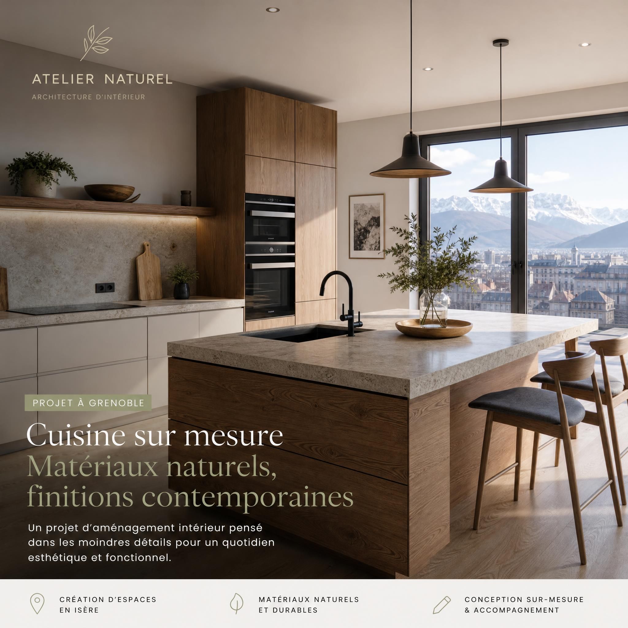 Designer d'intérieur Isère présentant un projet de cuisine sur mesure avec matériaux naturels et finitions contemporaines dans un espace lumineux à Grenoble