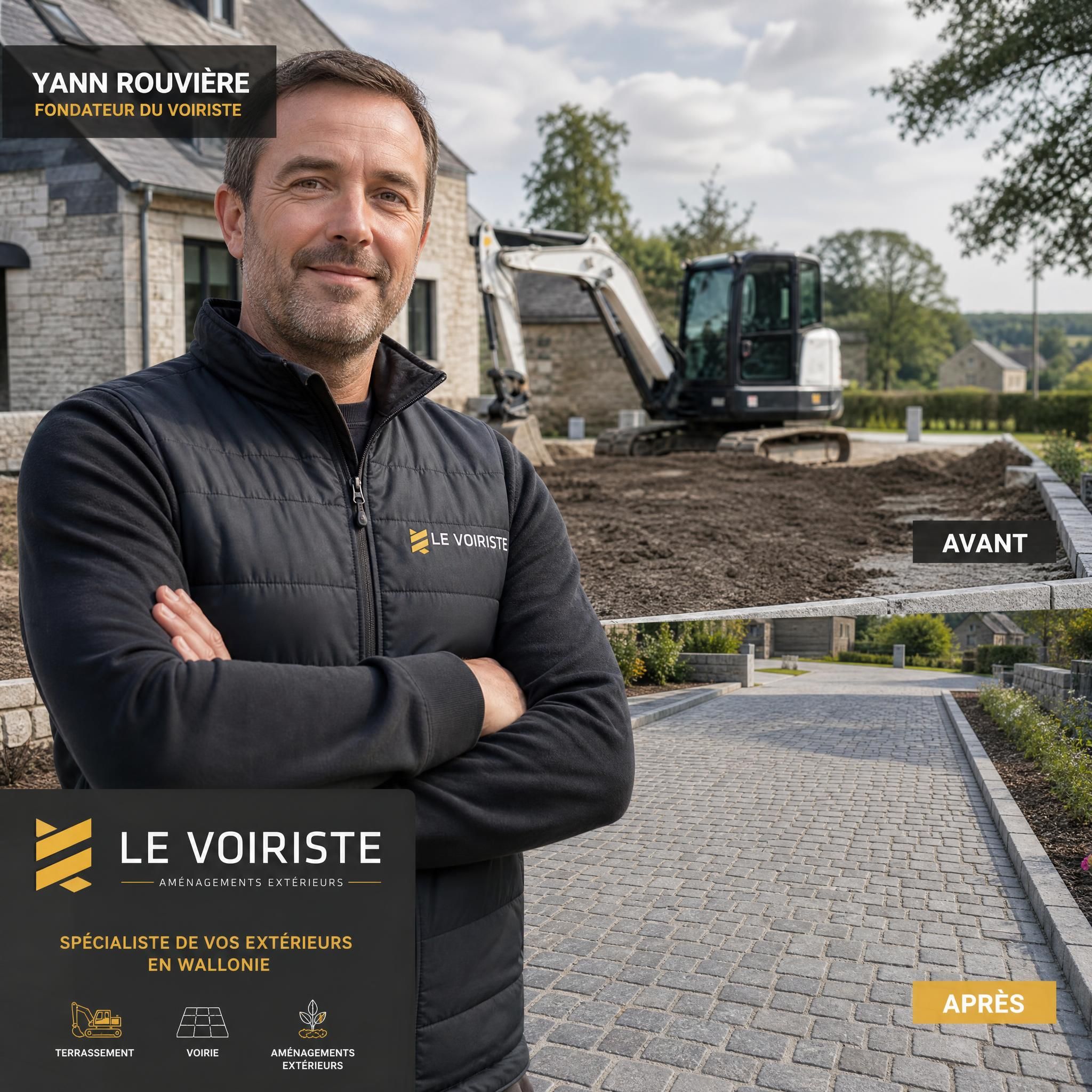 Yann Rouvière fondateur du Voiriste devant un chantier de voirie en Belgique — allée en pavés avant/après terrassement aménagement extérieur Wallonie