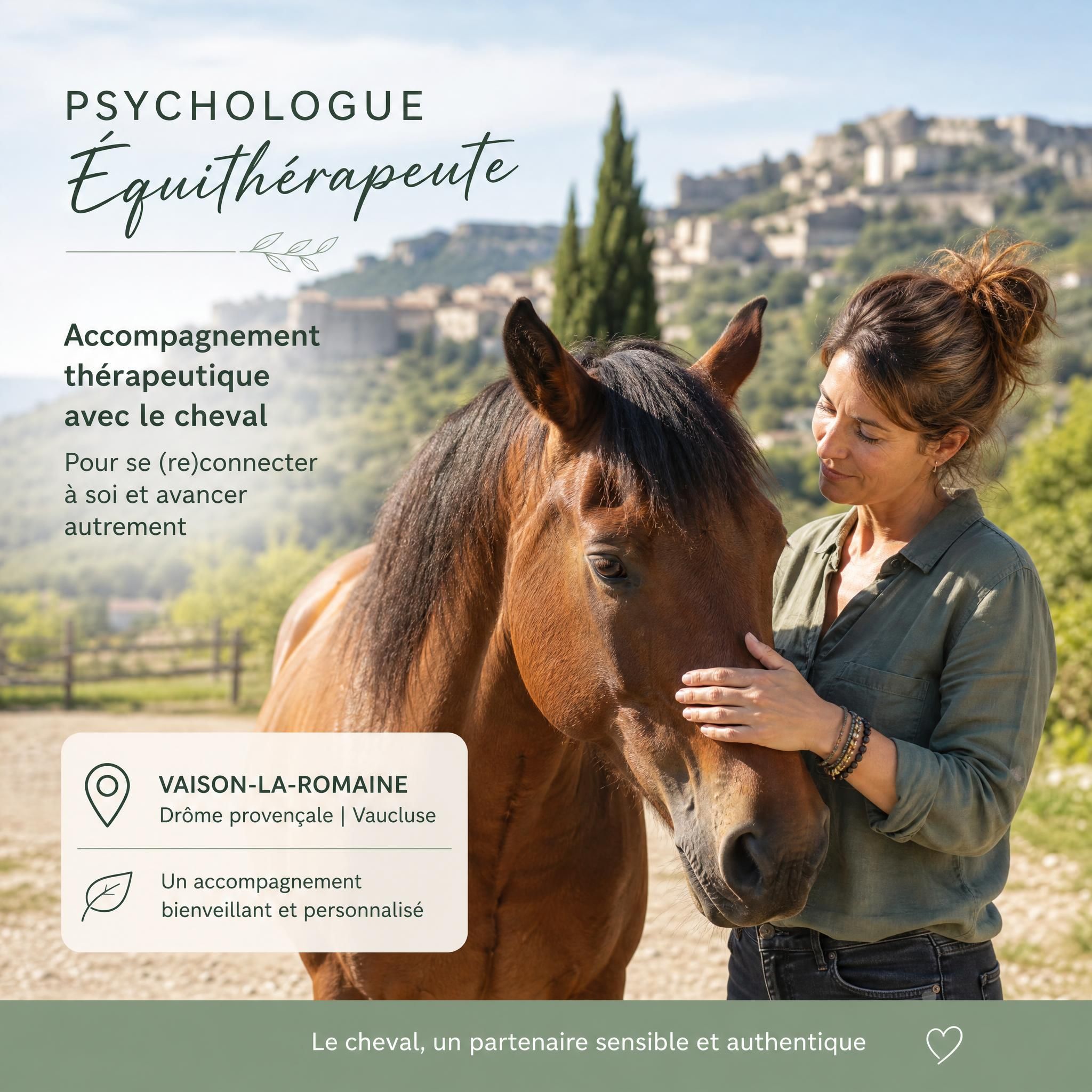 Psychologue équithérapeute avec cheval à Vaison-la-Romaine, séance en plein air Drôme provençale Vaucluse