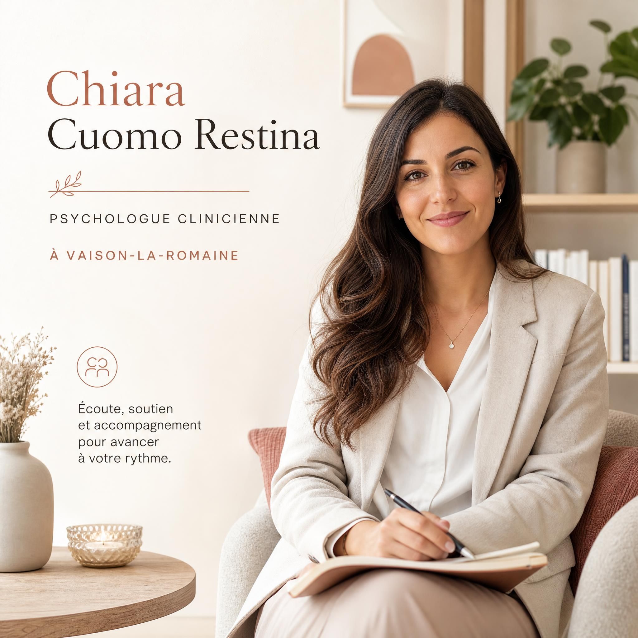 Chiara Cuomo Restina, psychologue clinicienne à Vaison-la-Romaine - portrait chaleureux et professionnel