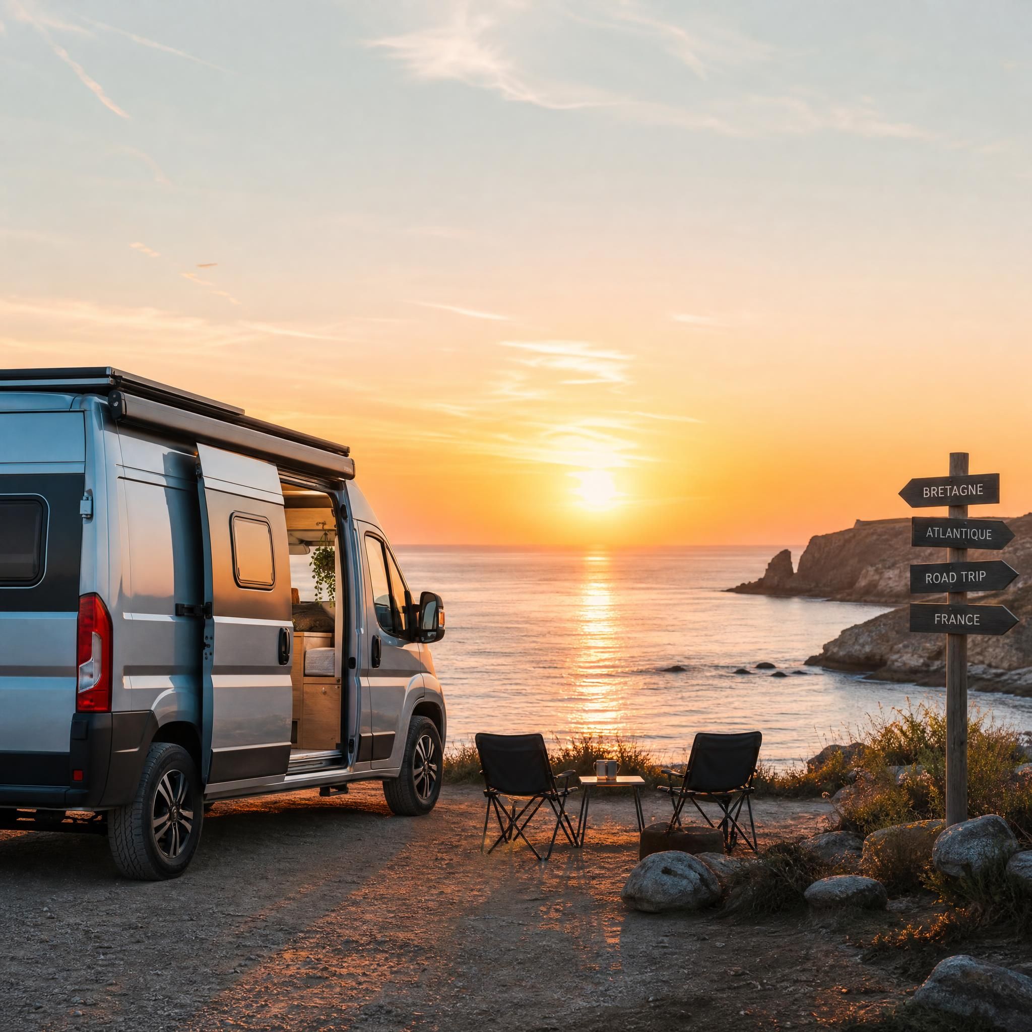 Van aménagé garé face à la mer au coucher du soleil, road trip en France