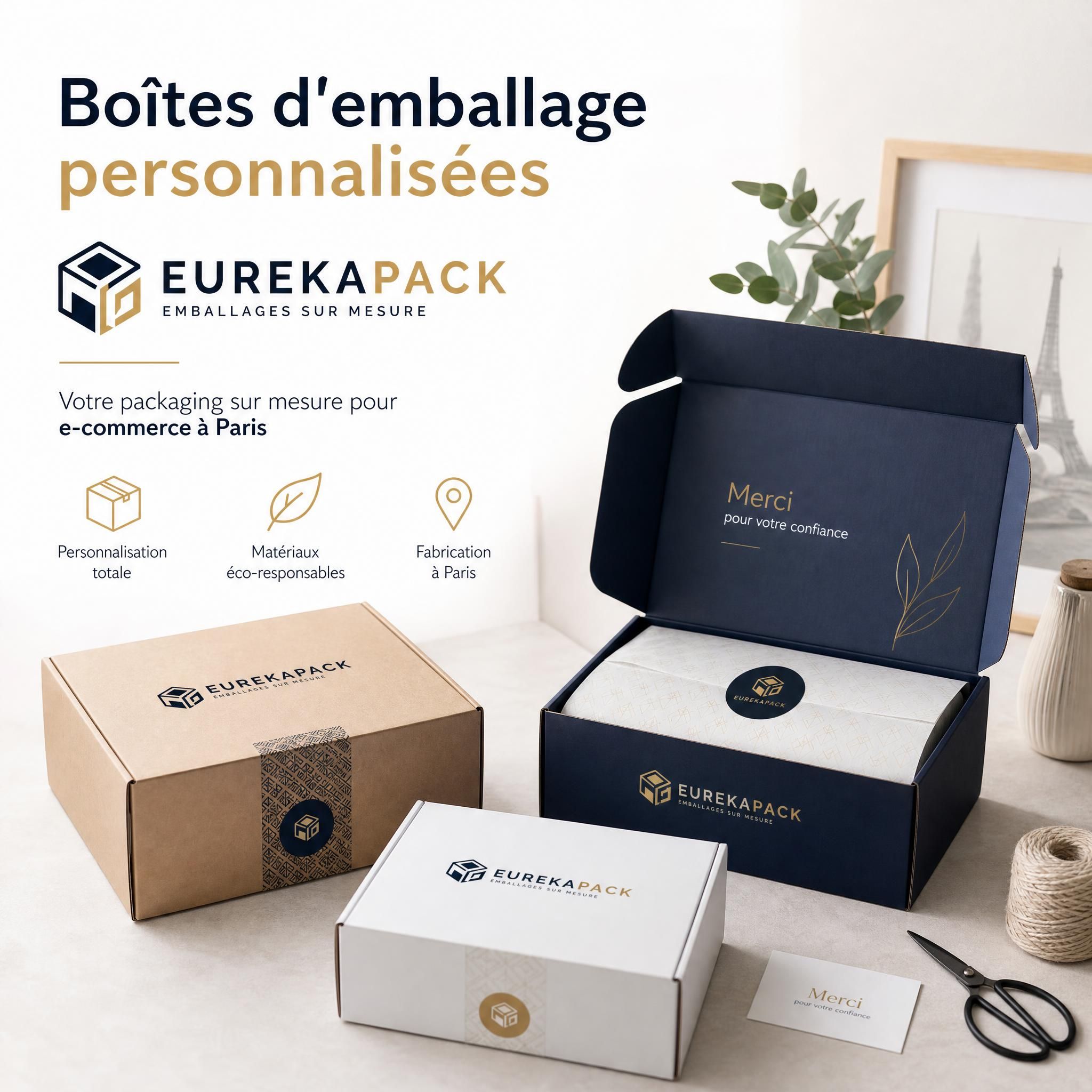 Boîtes d'emballage personnalisées EUREKAPACK avec logo de marque, packaging sur mesure pour e-commerce Paris