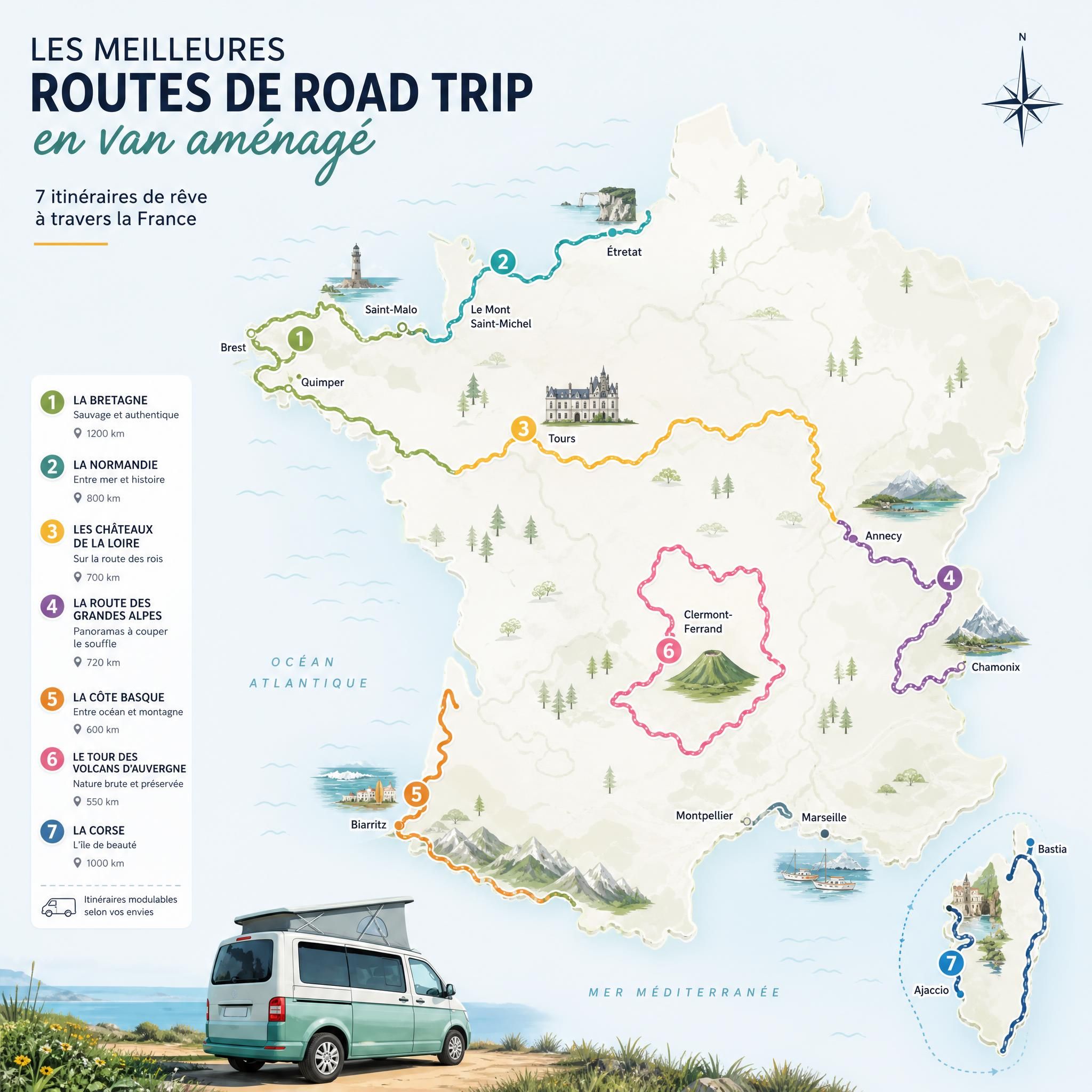 Carte de France illustrant les meilleures routes de road trip en van aménagé