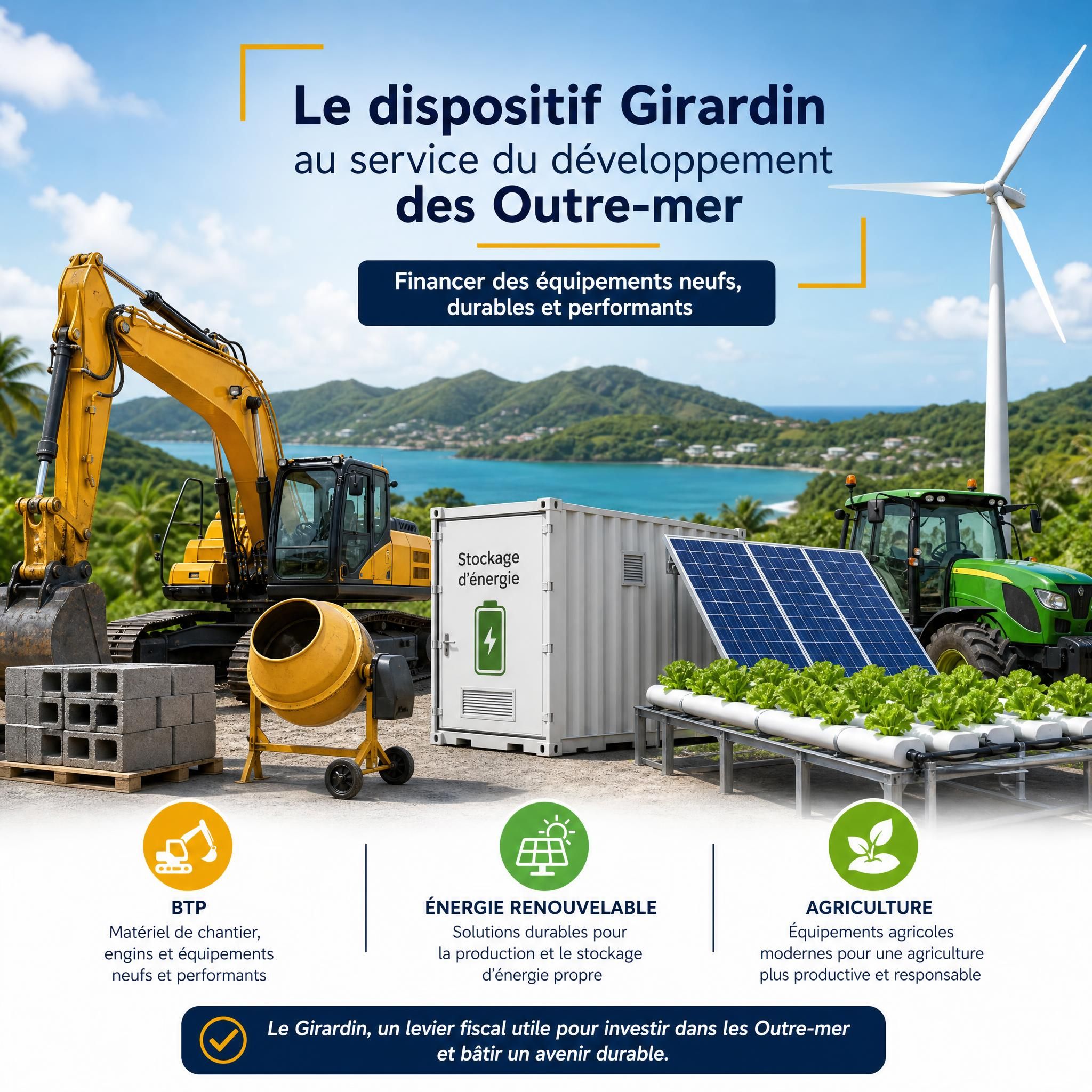 Illustration d'équipements industriels neufs financés par le Girardin dans les territoires d'outre-mer — matériel BTP, énergie renouvelable, agriculture