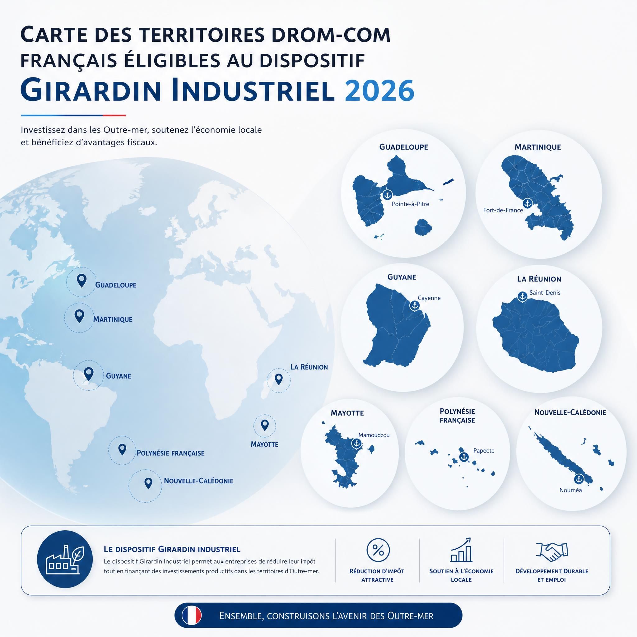 Carte des territoires DROM-COM français éligibles au dispositif Girardin industriel 2026 — Guadeloupe, Martinique, Guyane, La Réunion, Mayotte, Polynésie française, Nouvelle-Calédonie