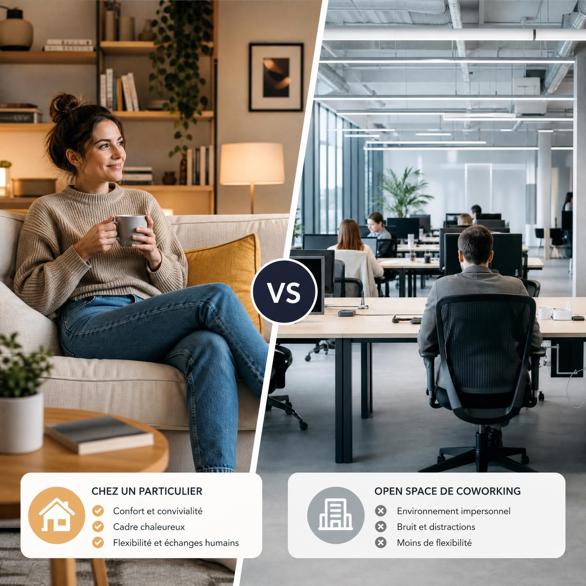 Personne installée confortablement dans un salon chez un particulier, avec une tasse de café, en contraste avec un open space de coworking impersonnel