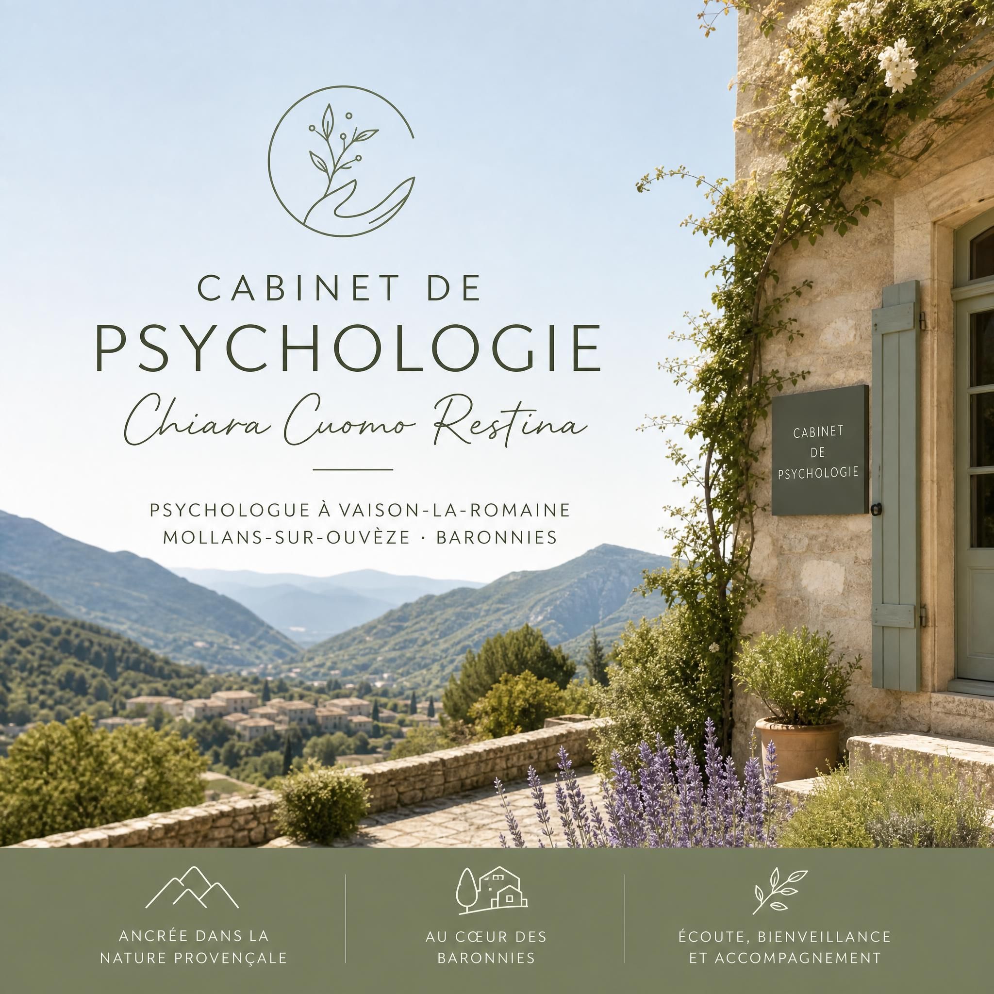 Cabinet de psychologie Chiara Cuomo Restina entouré de la nature provençale des Baronnies, Mollans-sur-Ouvèze, psychologue Vaison-la-Romaine