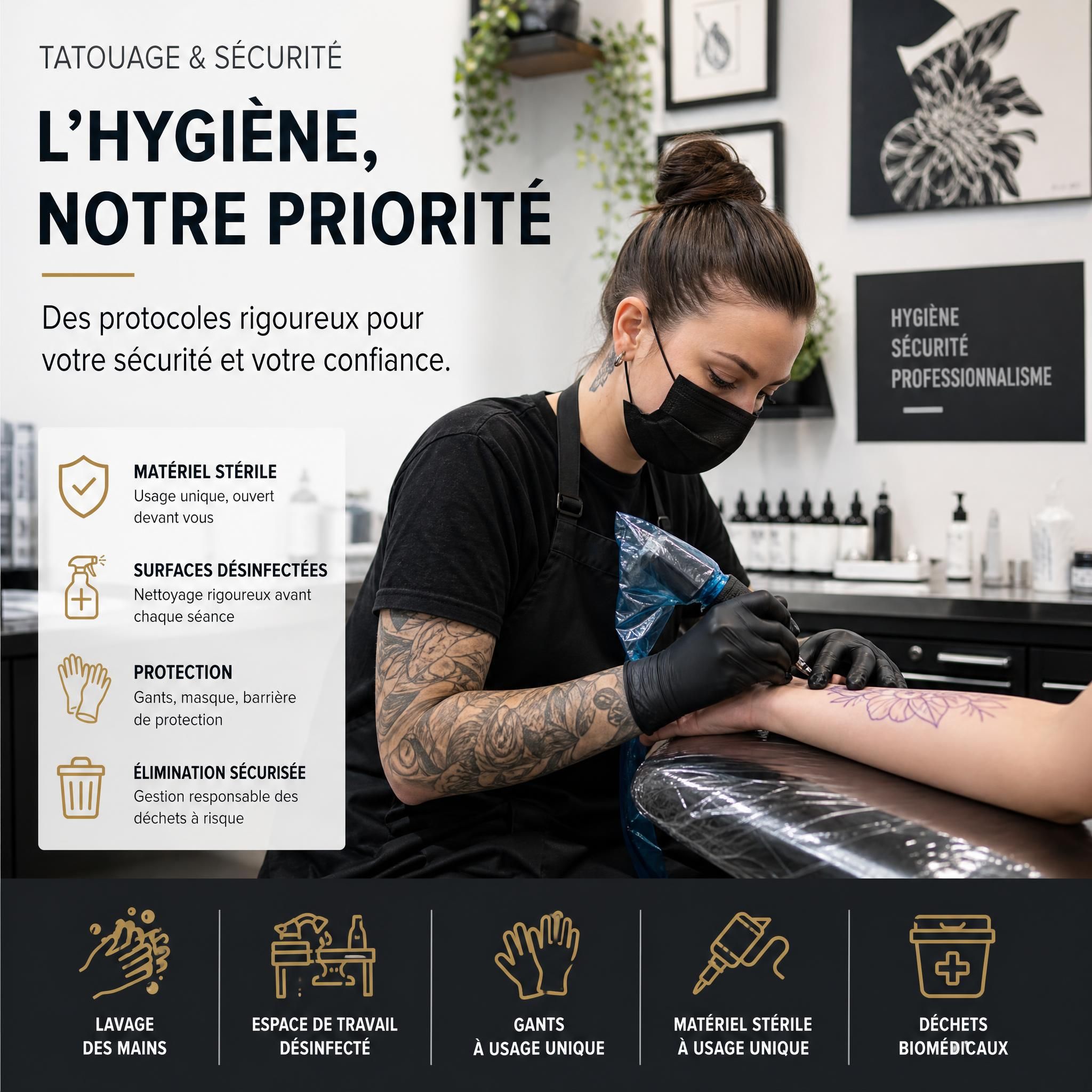 Professionnel du tatouage en tenue de protection respectant les protocoles d'hygiène et salubrité dans un studio conforme