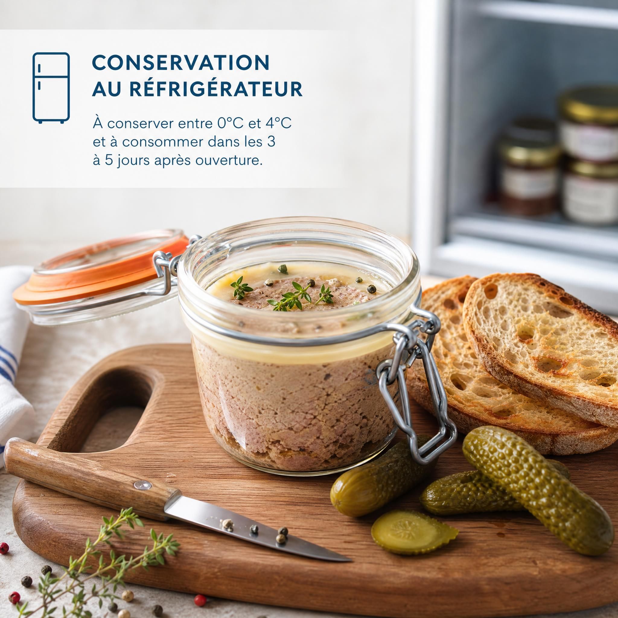 Bocal de terrine artisanale ouvert sur une planche apéritif avec pain grillé et cornichons, conservation terrine réfrigérateur